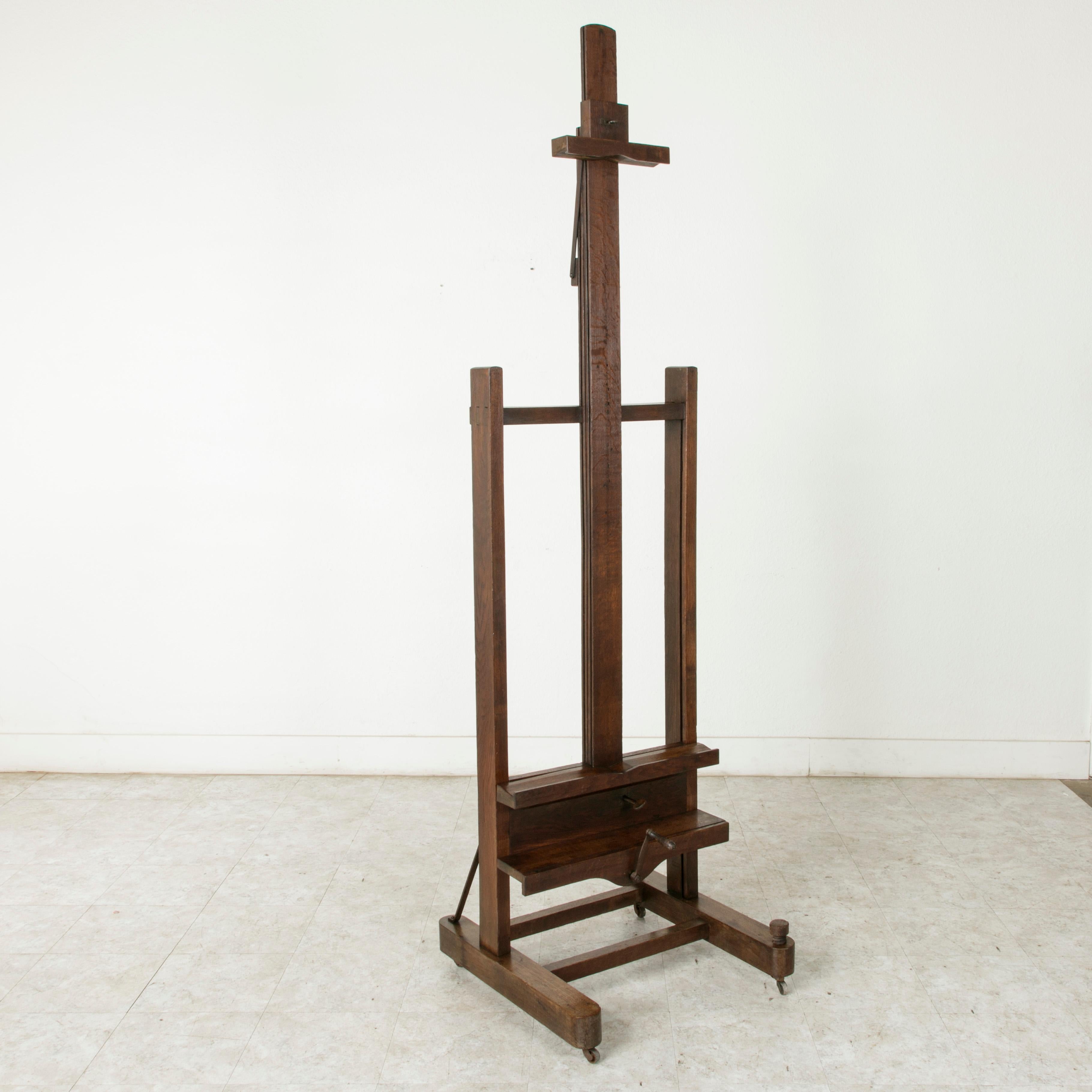 Rare Adjustable Two Ways French Oak Floor Easel with Double Mechanism circa 1900 6