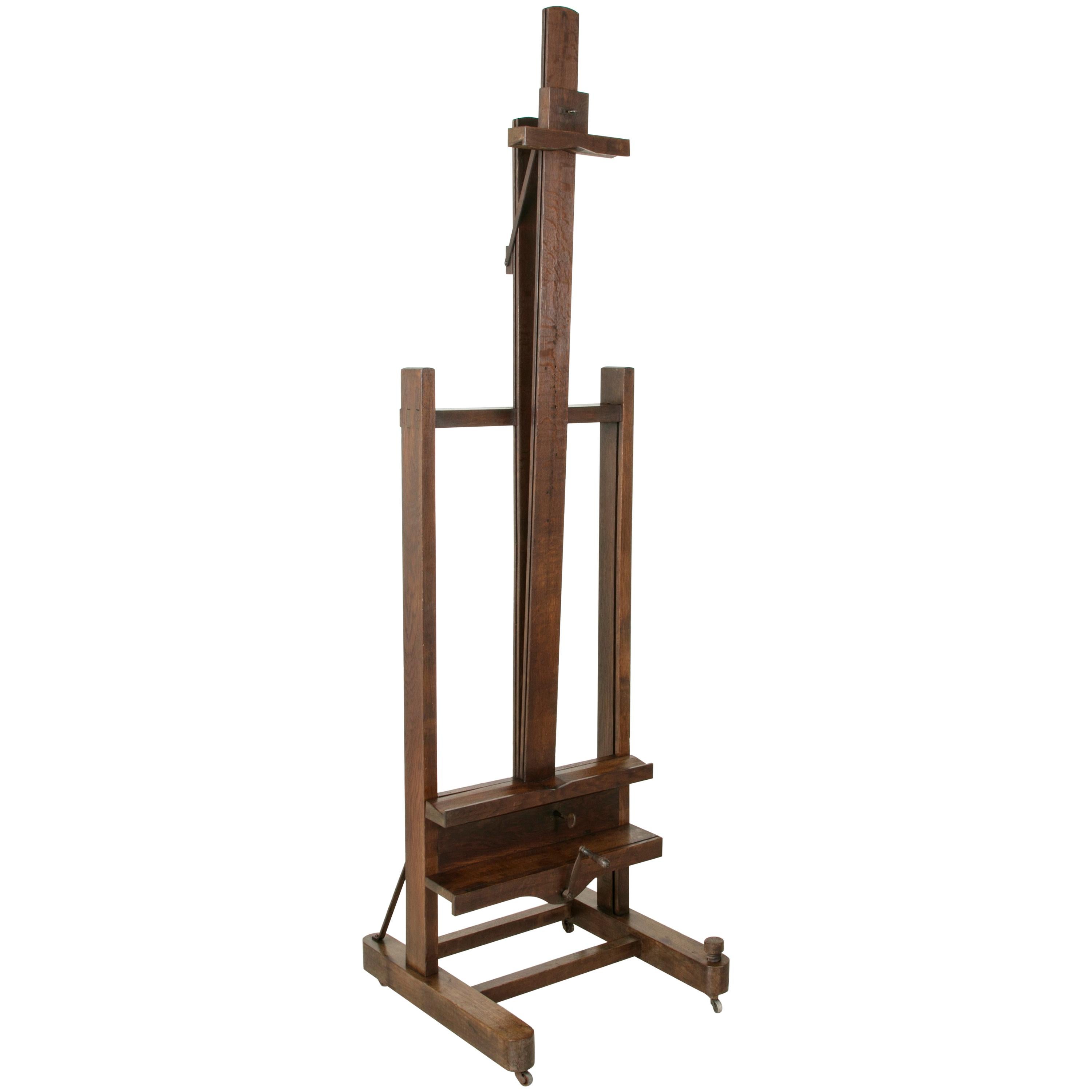 Rare Adjustable Two Ways French Oak Floor Easel with Double Mechanism circa 1900