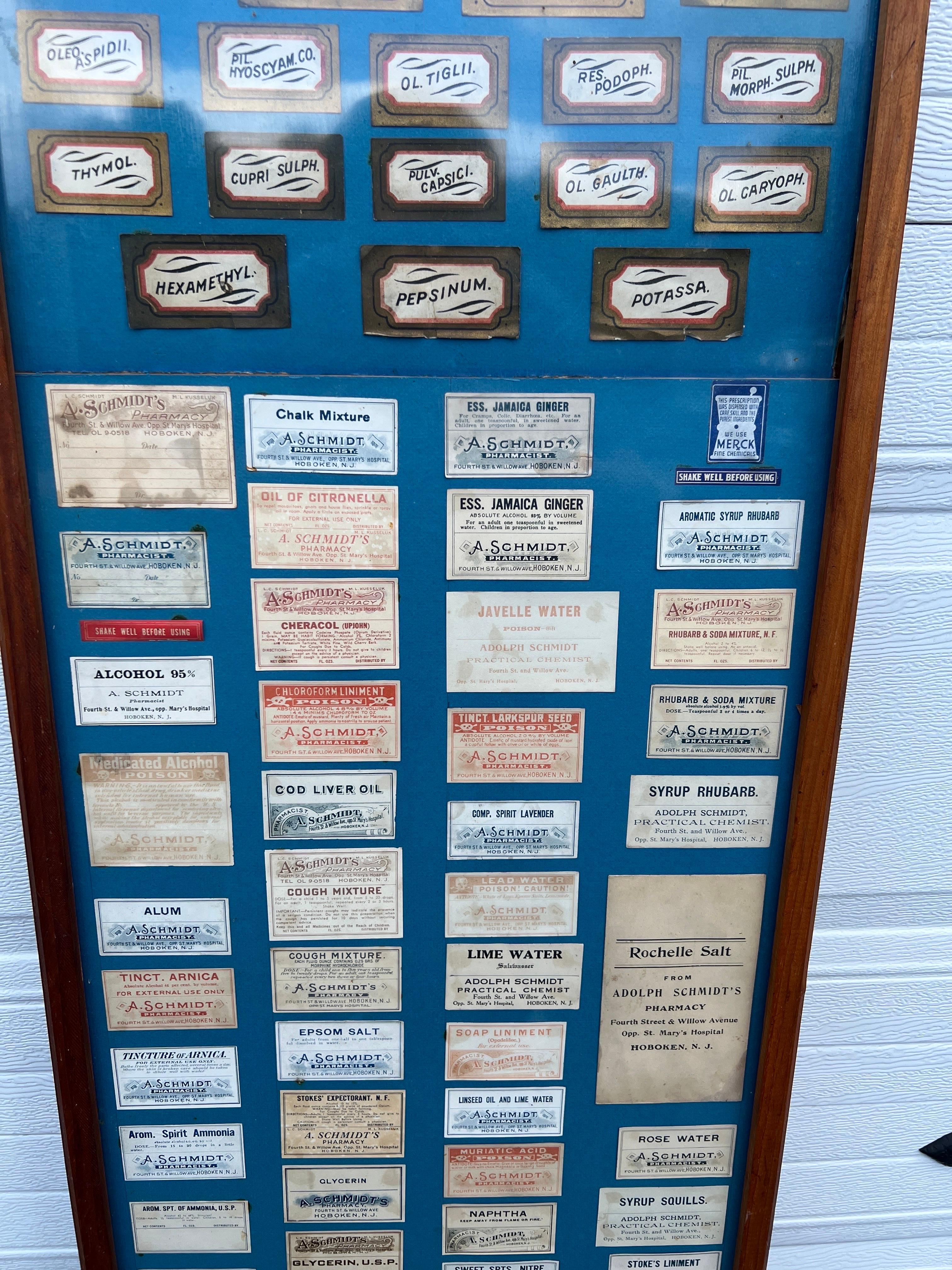 American Rare Adolph Schmidt Pharmacy Label Display Including 110 Antique Labels For Sale