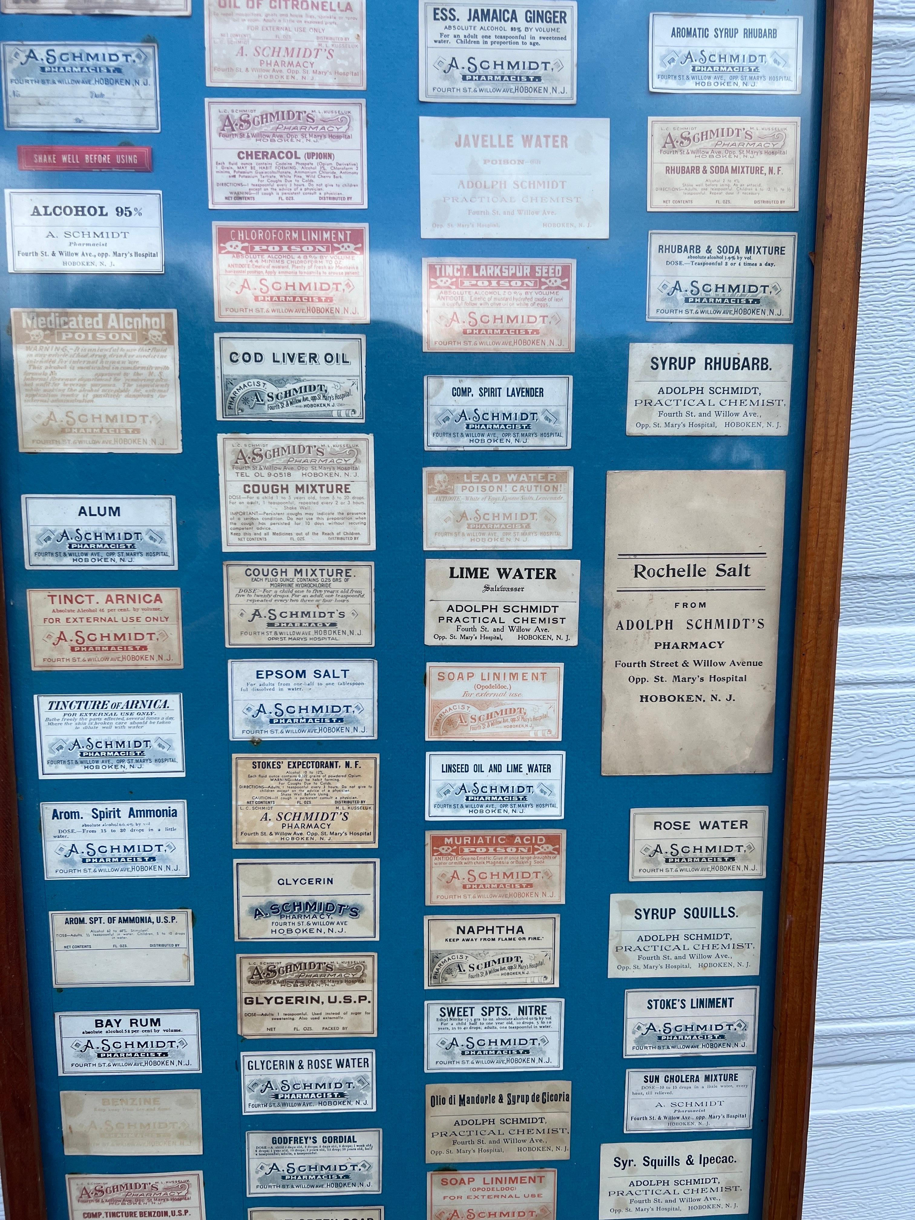 Rare Adolph Schmidt Pharmacy Label Display Including 110 Antique Labels In Good Condition For Sale In Atlanta, GA