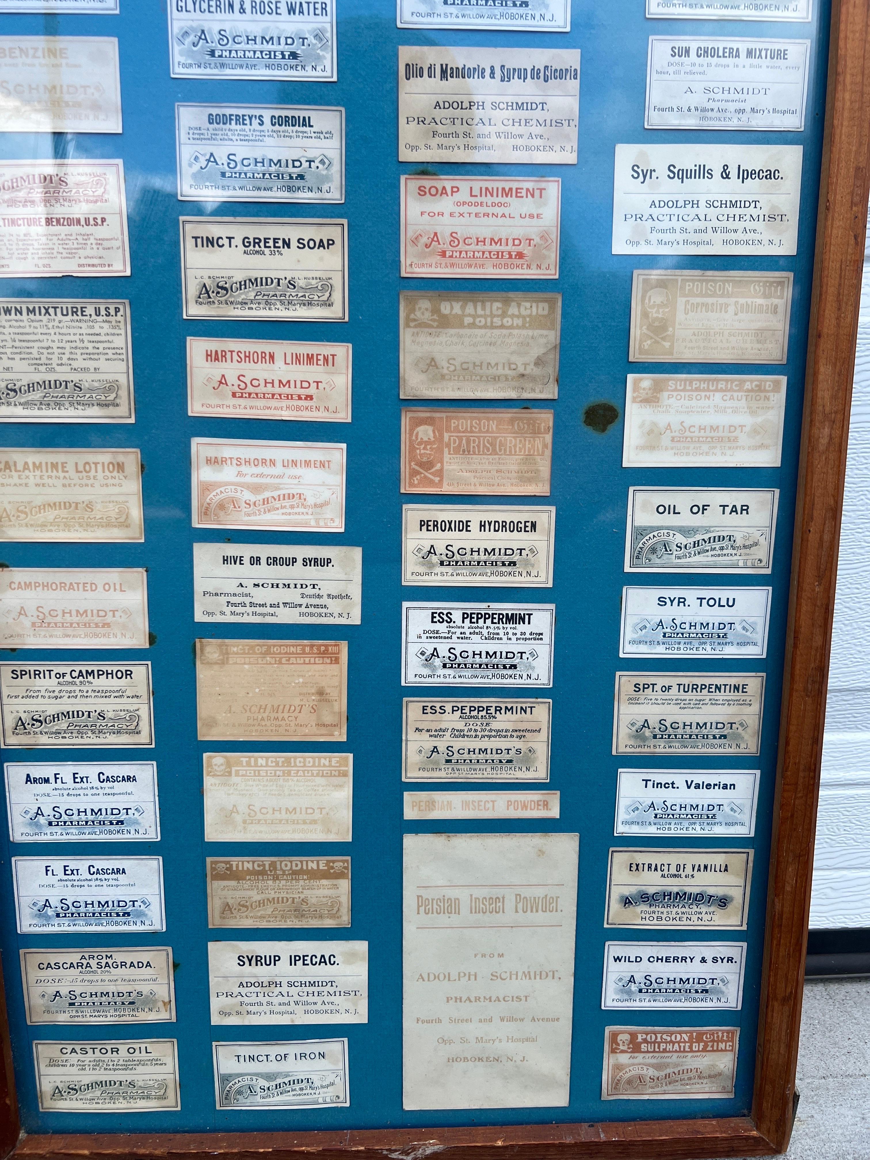 20th Century Rare Adolph Schmidt Pharmacy Label Display Including 110 Antique Labels For Sale