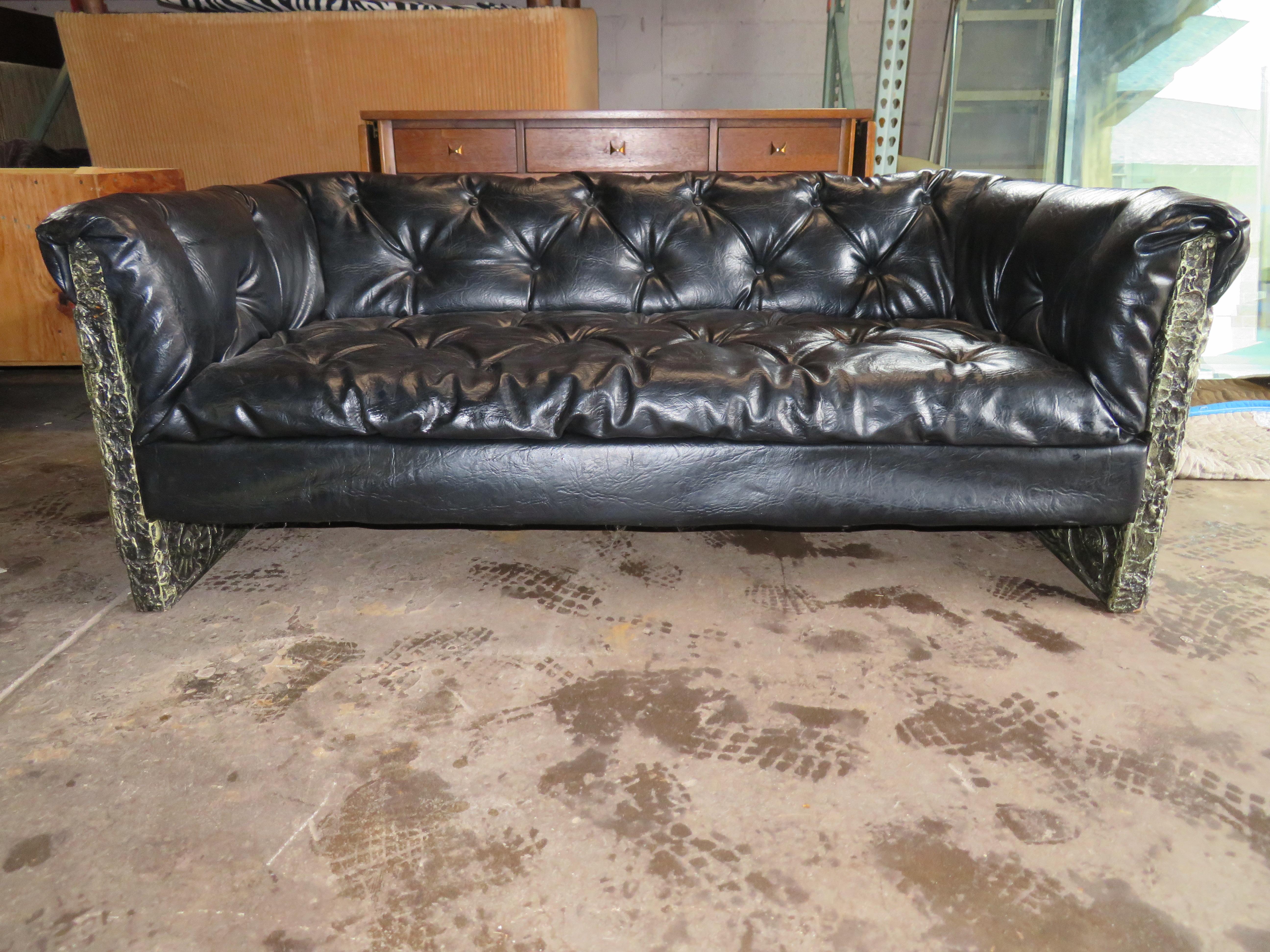 Rare Adrian Pearsall Brutalist tufted Chesterfield love seat sofa. These unusual pieces are getting more and more hard to find, designers are buying them up and doing complete rooms in this Brutalist style. The original faux leather is worn and