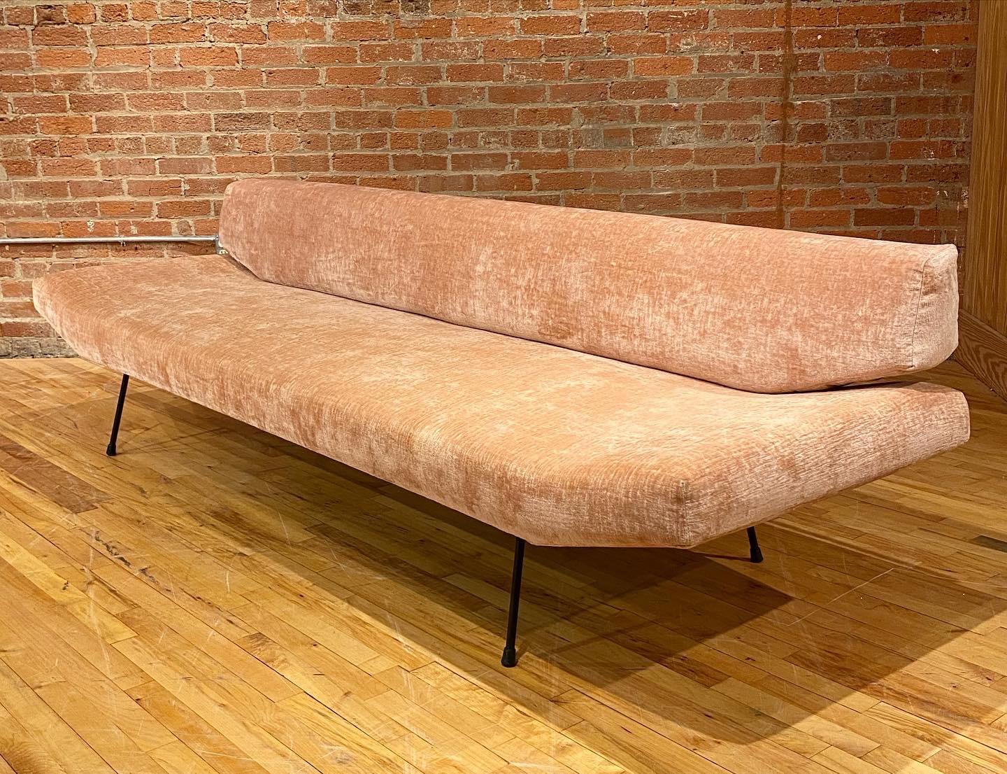 Beautiful, long, and low sofa by Adrian Pearsall. Simple and pretty restored with new foam and cut velvet upholstery.