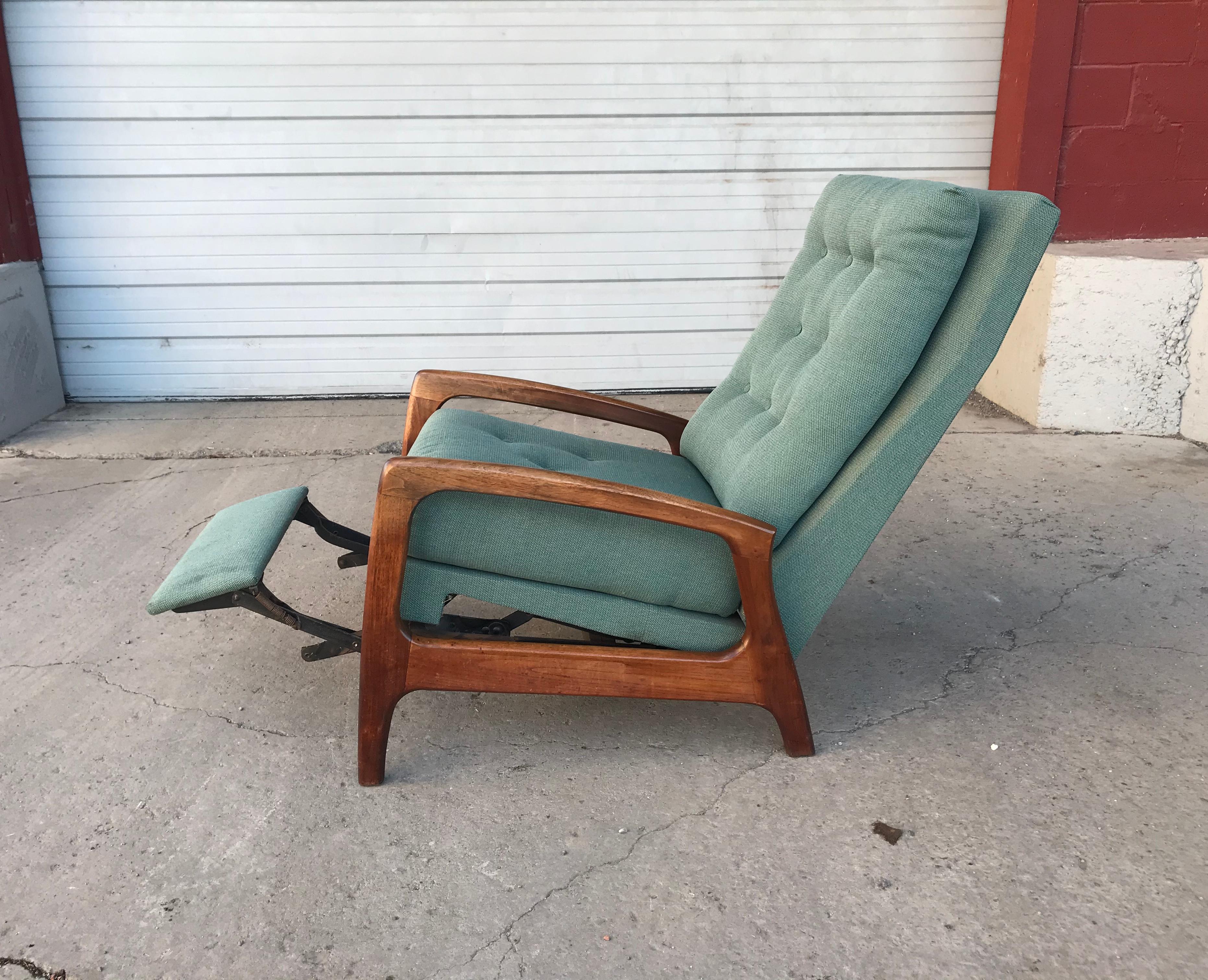 Rare Adrian Pearsall midcentury highback recliner / lounge chair,, Appears to retain its original fabric,, Wonderful sculpted walnut frame, 3 position lounge,, Classic Mid-Century Modern design,, Extremely comfortable,, Hand delivery avail to New