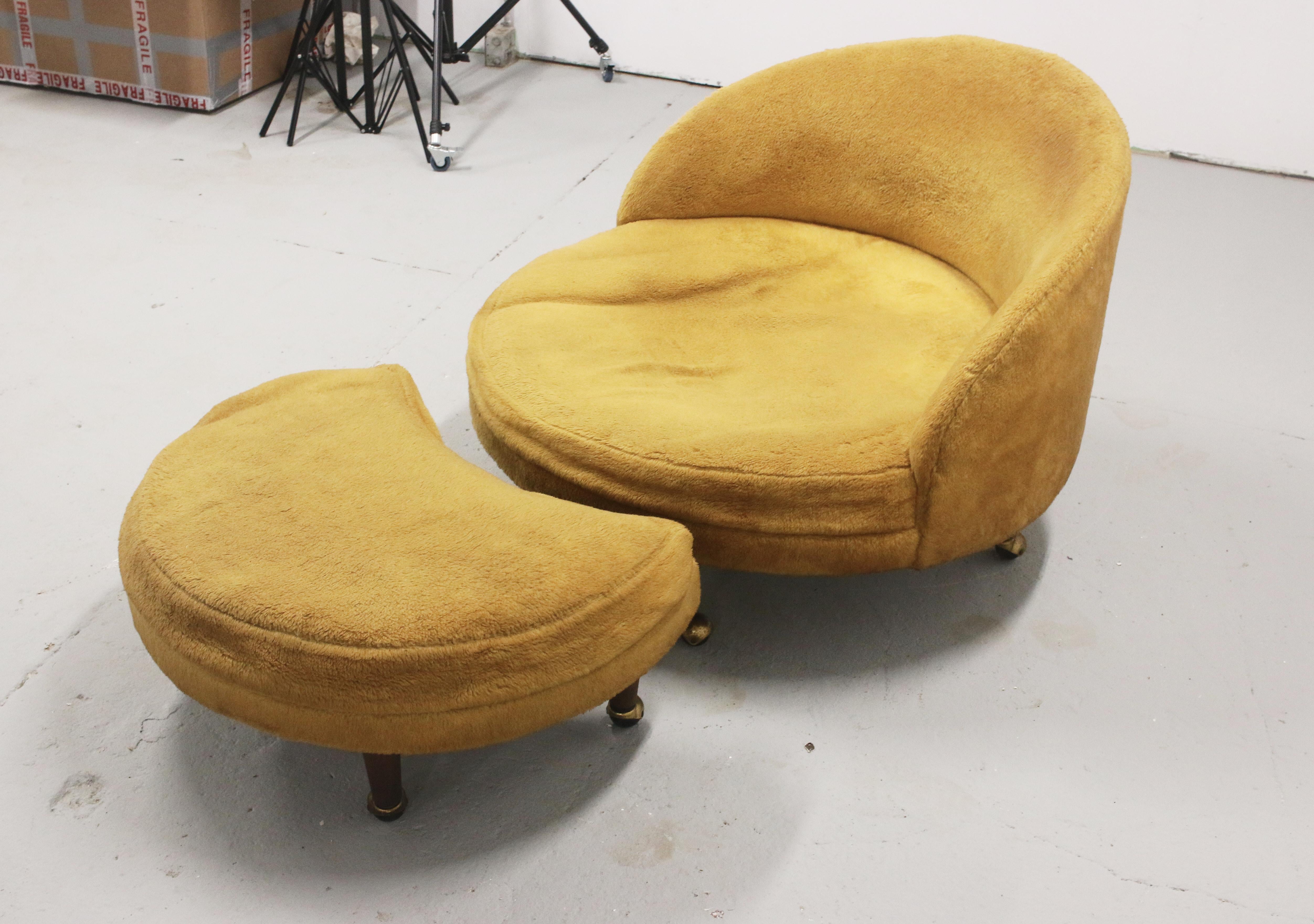 American Rare Adrian Pearsall Round Havana Chair and Ottoman, 1960s, for Re-Upholstery
