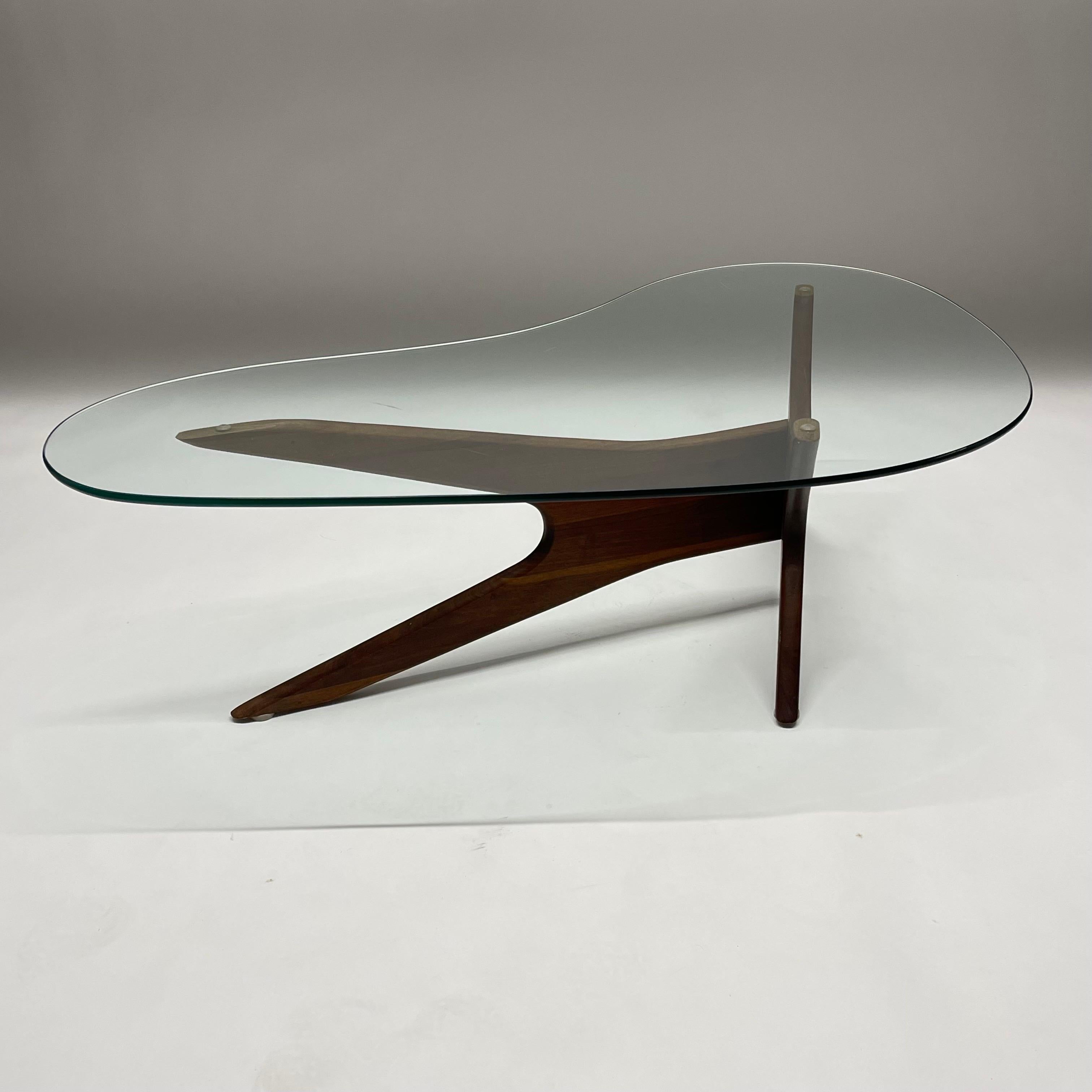 American Rare Adrian Pearsall Walnut and Glass Biomorphic Kidney Coffee or Cocktail Table