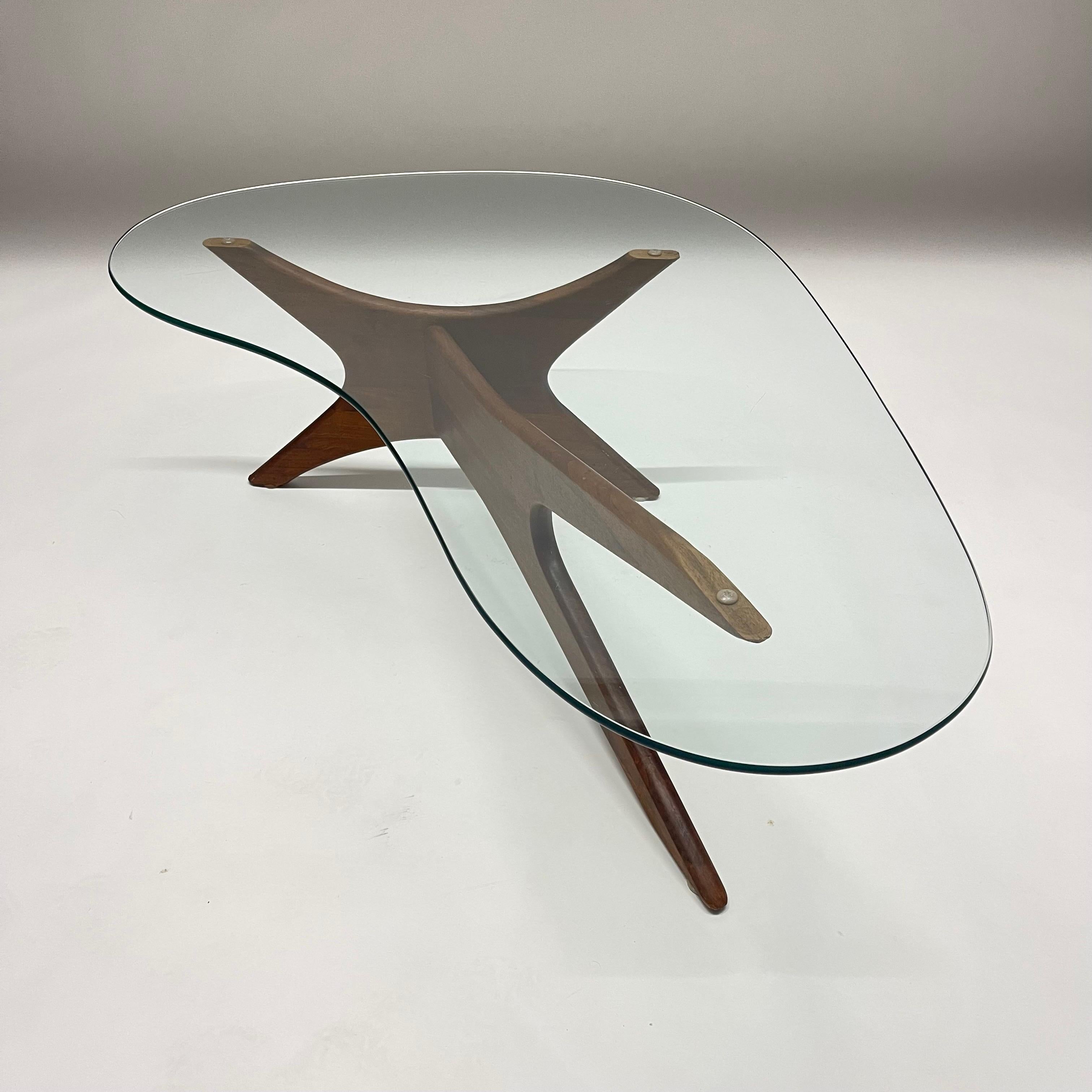 20th Century Rare Adrian Pearsall Walnut and Glass Biomorphic Kidney Coffee or Cocktail Table