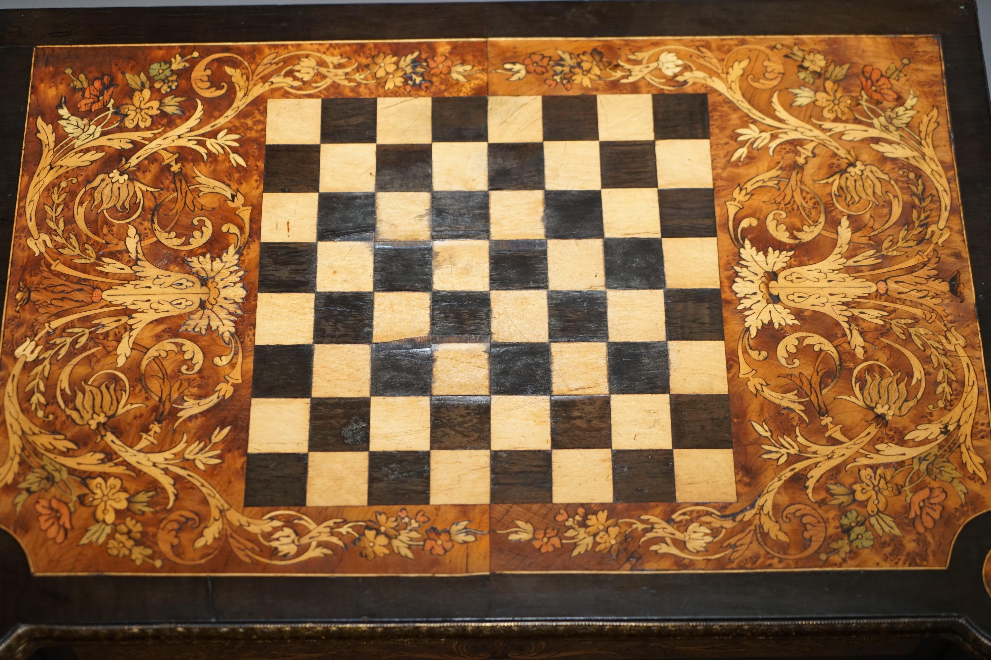 English Rare Aesthetic Movement Burr Walnut Marquetry Inlaid Chess Fold over Card Table