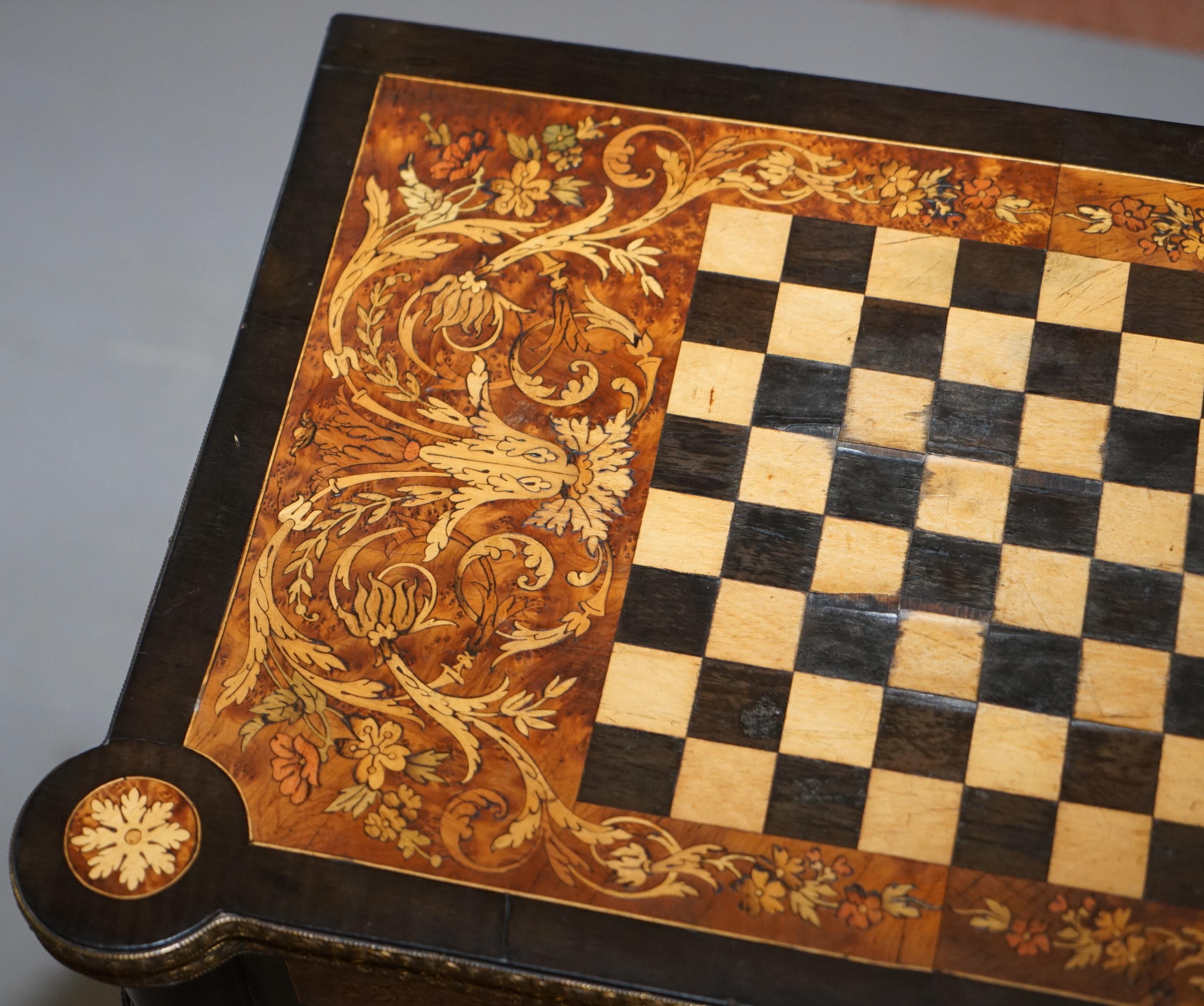 Inlay Rare Aesthetic Movement Burr Walnut Marquetry Inlaid Chess Fold over Card Table