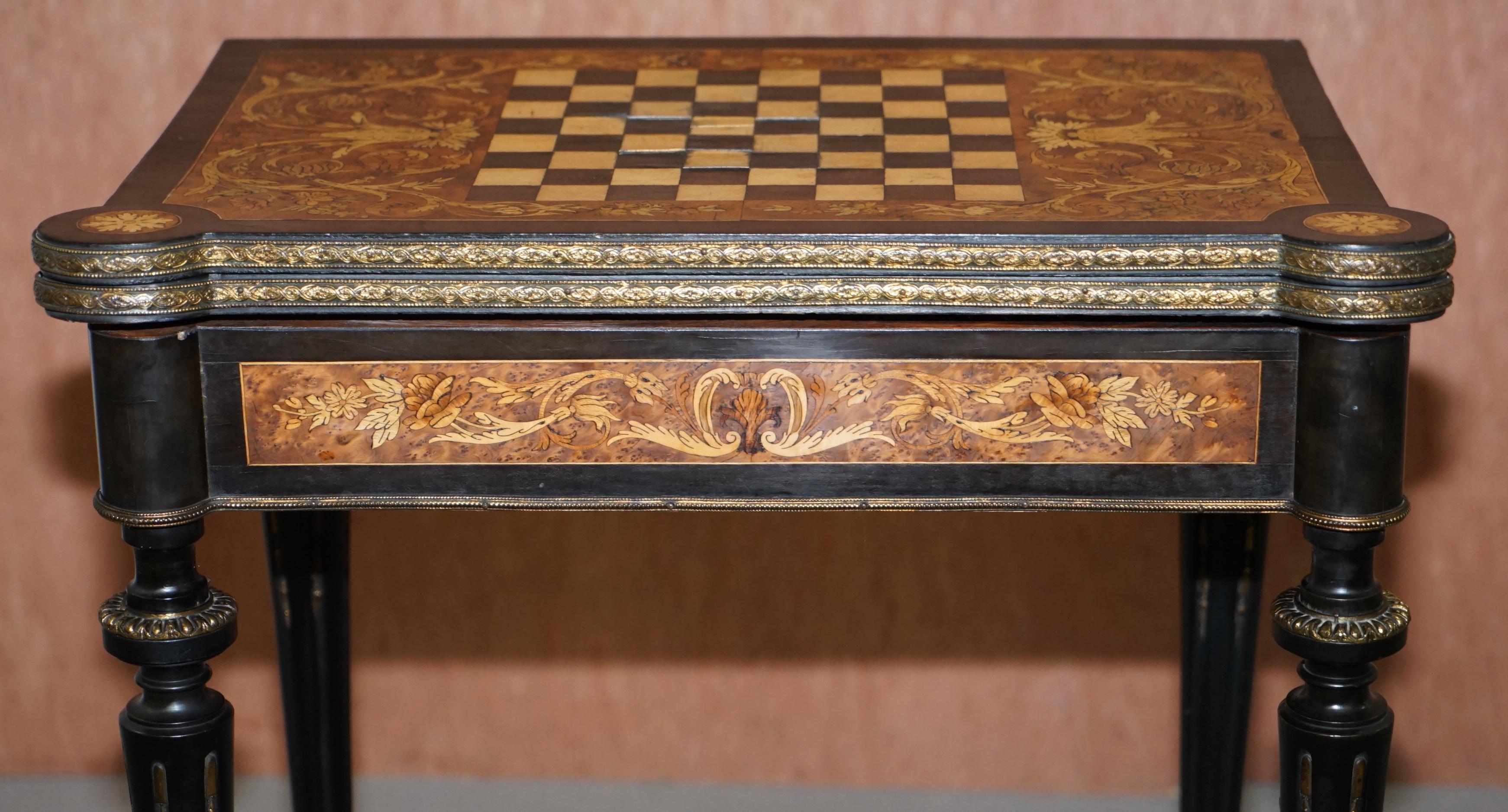 19th Century Rare Aesthetic Movement Burr Walnut Marquetry Inlaid Chess Fold over Card Table