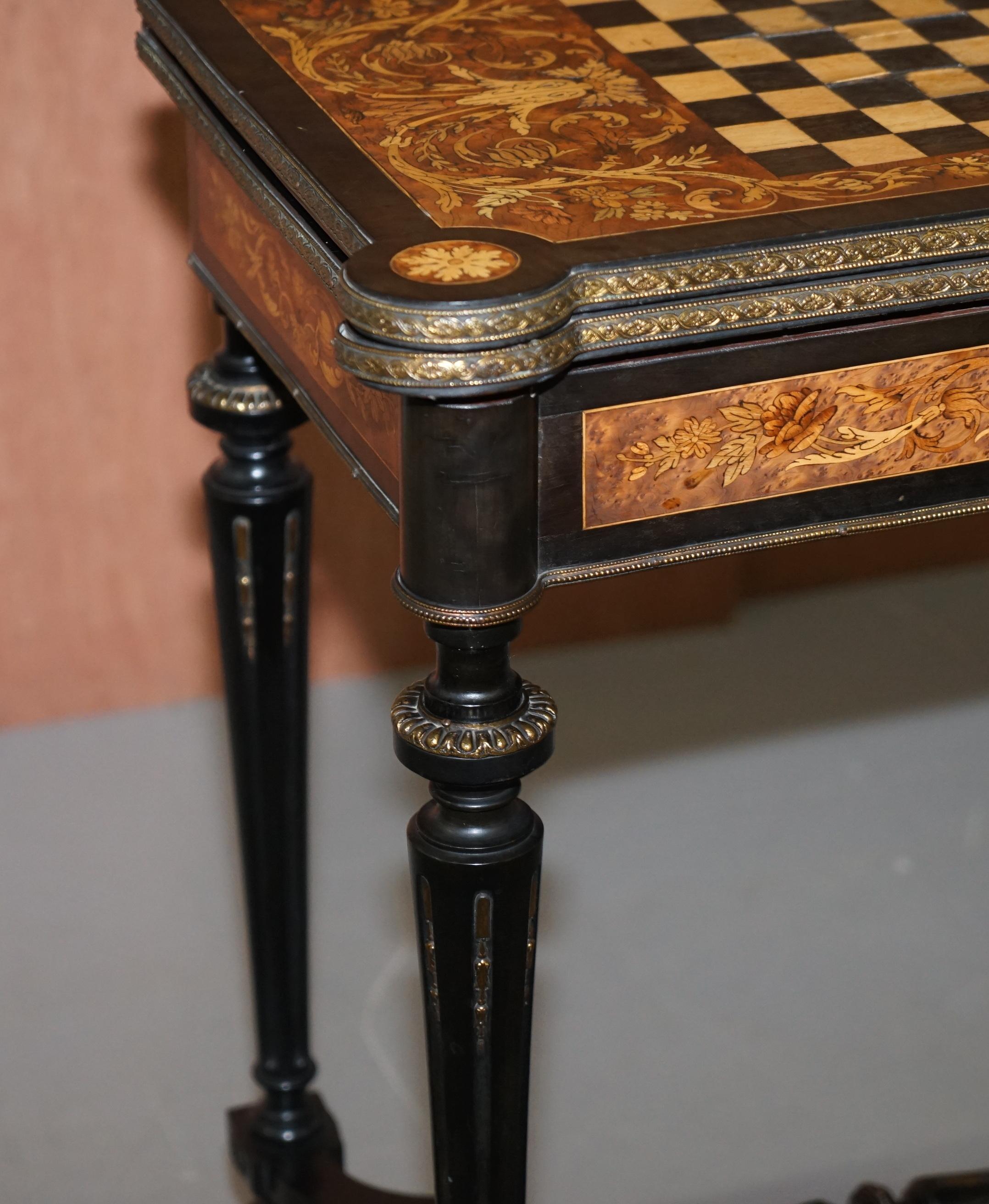 Rare Aesthetic Movement Burr Walnut Marquetry Inlaid Chess Fold over Card Table 1