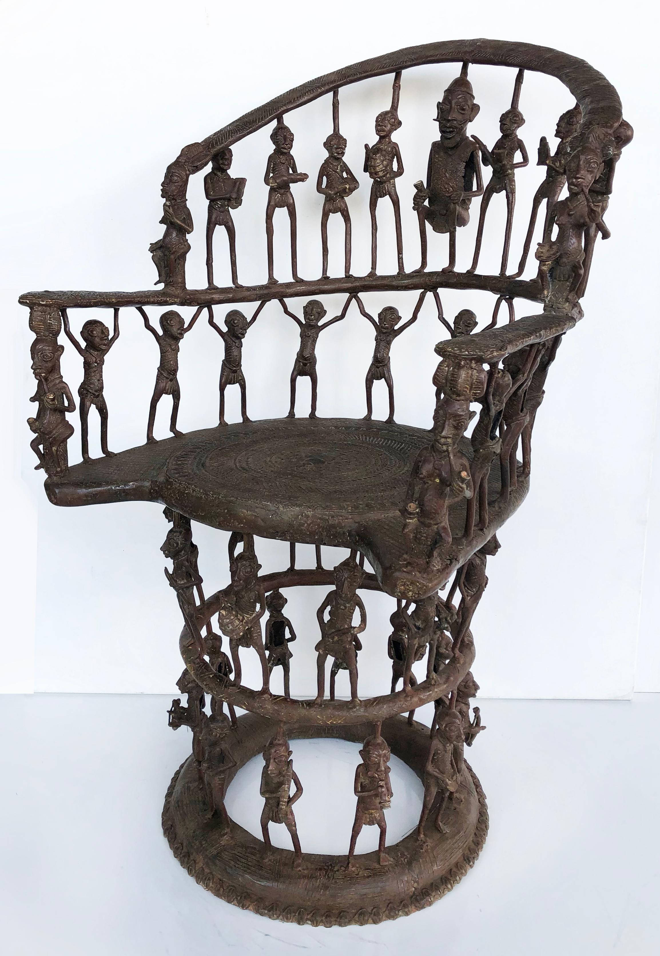 Rare African Cameroon Bronze Figurative Throne Chair, 20th Century In Good Condition For Sale In Miami, FL