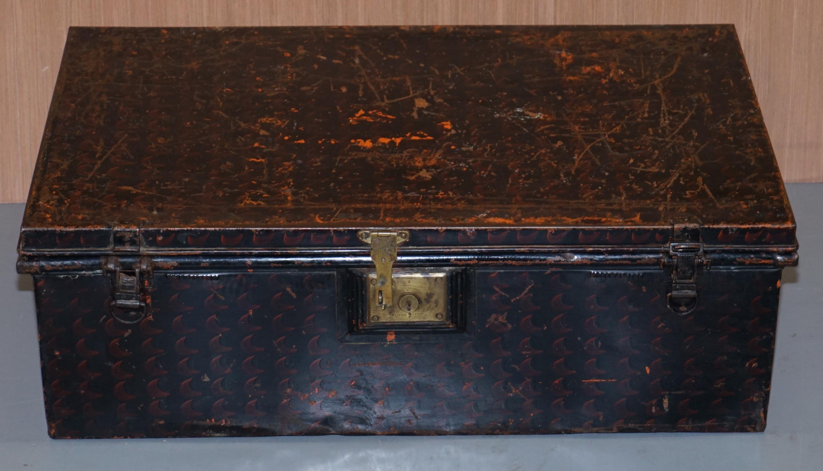 We are delighted to offer for sale this very nice and collectable antique field used Jones Brothers & Co of Wolverhampton LTD Steel Unform case “The Owomehi” British Patent 202004 

This chest is heavily and Campaign used, it is totally original,