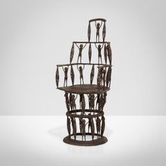 Rare African Solid Benin Bronze Ceremonial Throne Chair Multi Figure