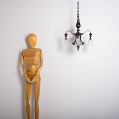 Rare Aged Brass Four Arm Arts & Crafts Chandelier with Crystal Shades by Osler