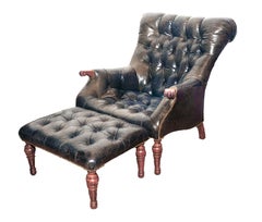Stickley Aged Crackled Green Leather Mahogany Plantation Style Armchair Ottoman