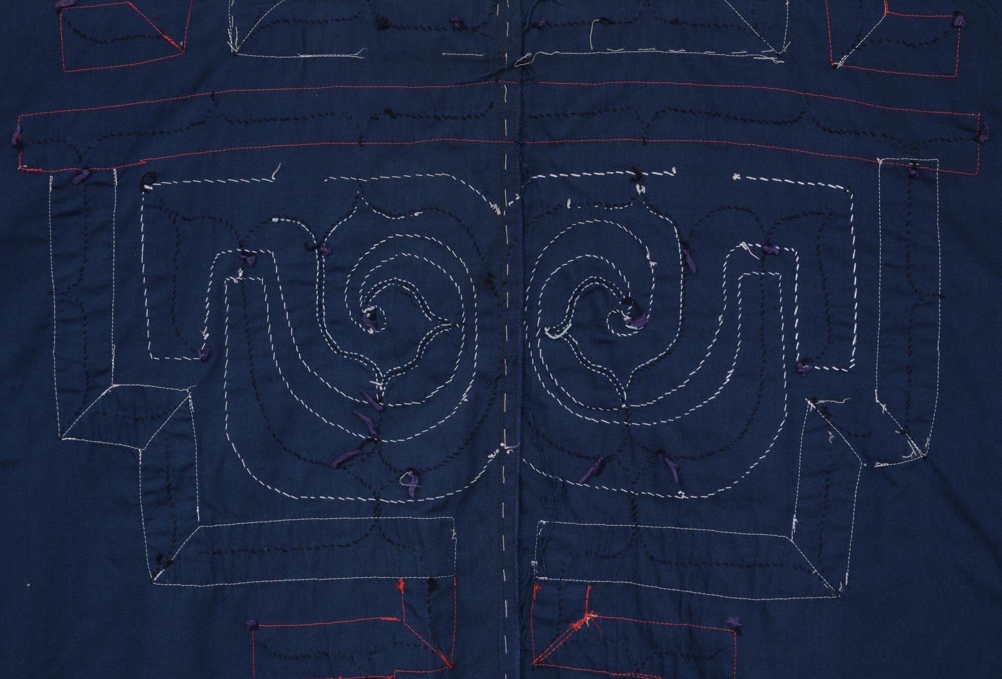 Rare Ainu Navy Cotton Robe Featuring Wide Appliquéd Geometric Bands, Japan For Sale 12