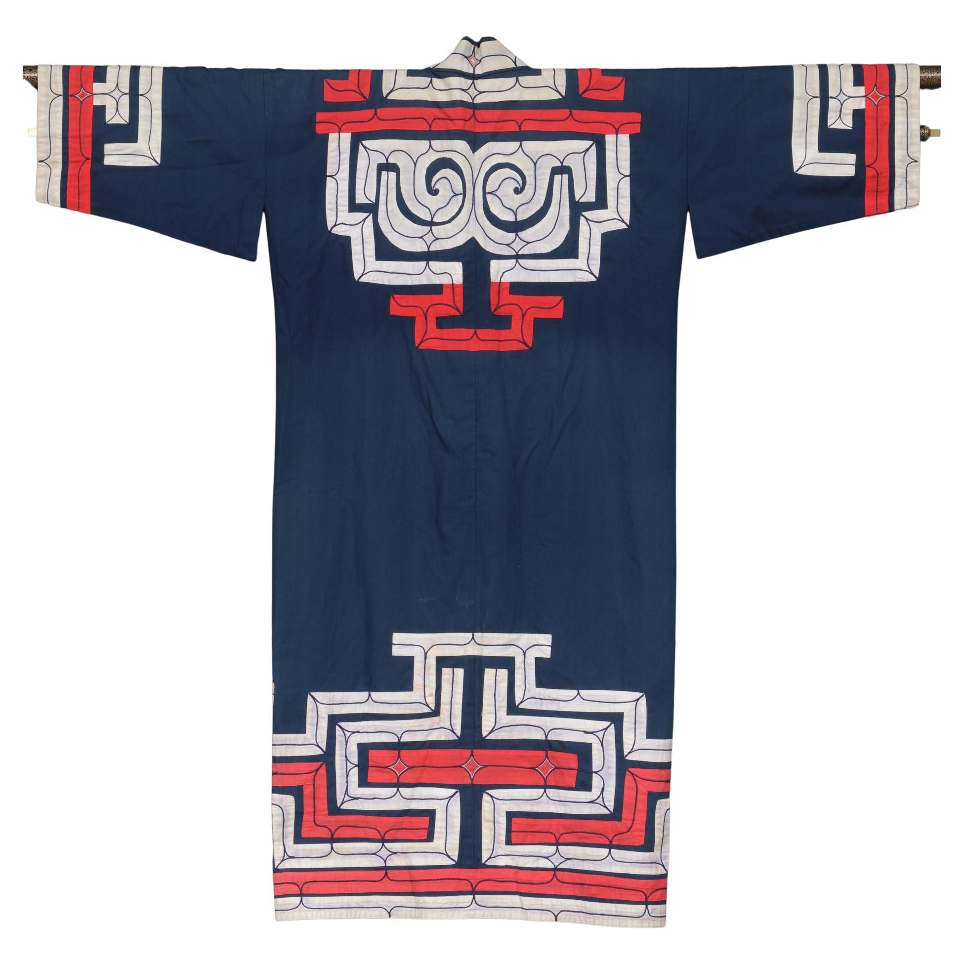 Rare Ainu Navy Cotton Robe Featuring Wide Appliquéd Geometric Bands, Japan For Sale