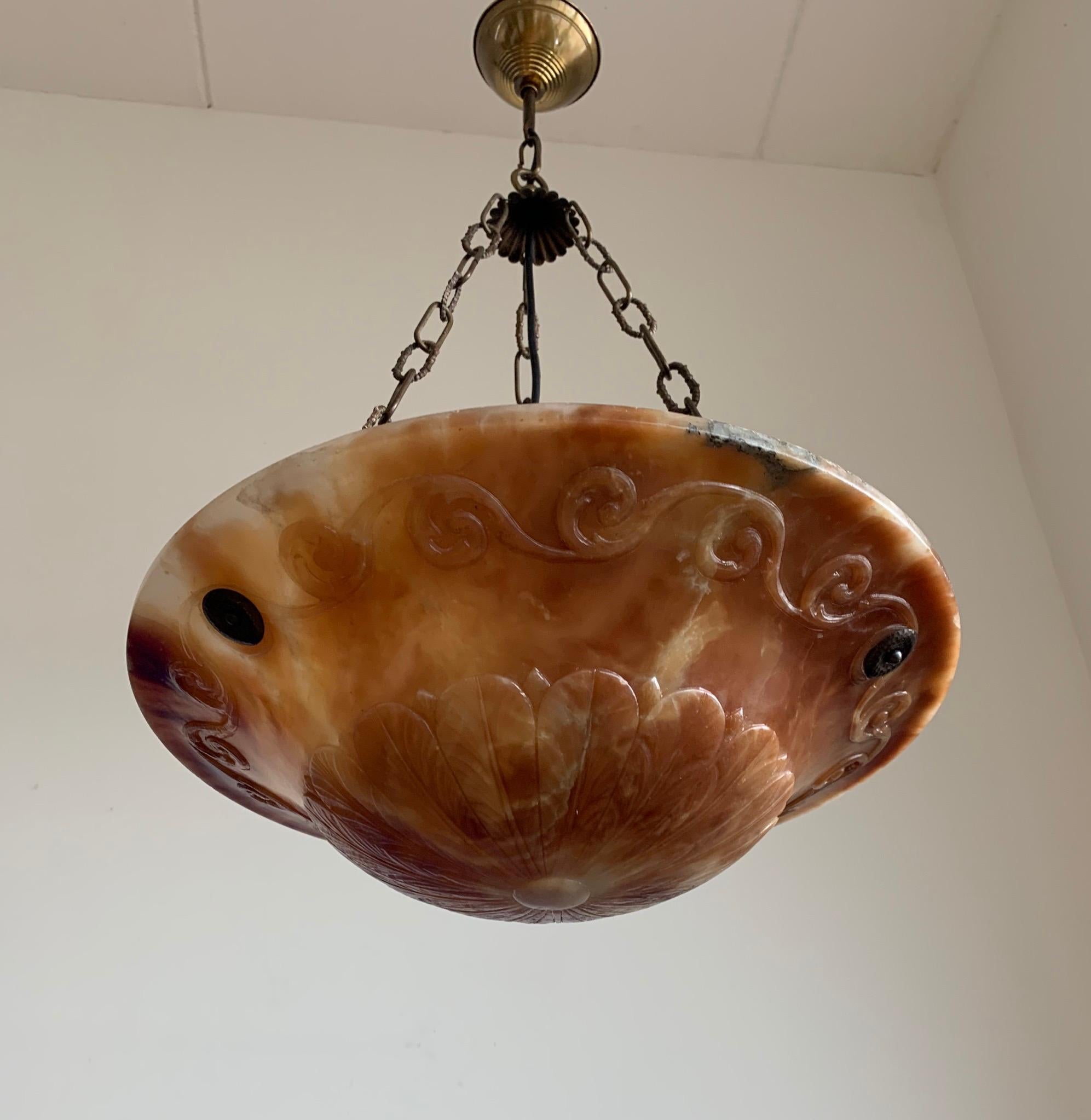 Great Alabaster Pendant with Stunning Hand-Carved Scrolling and Lava Like Colors For Sale 9