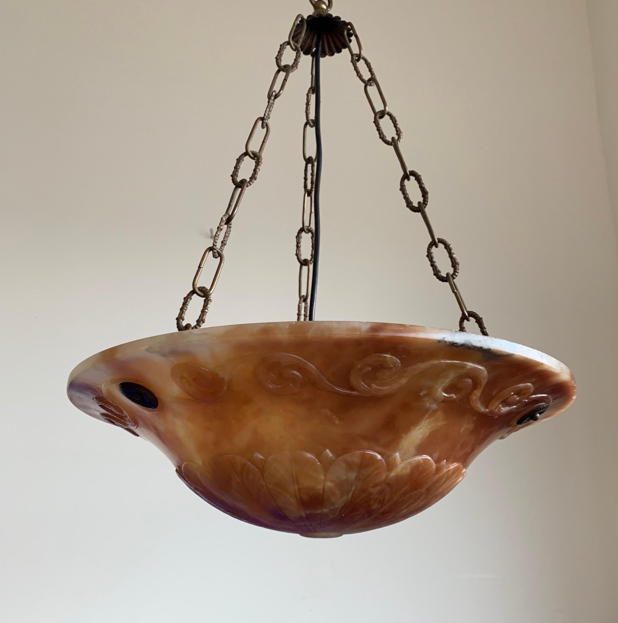 Great Alabaster Pendant with Stunning Hand-Carved Scrolling and Lava Like Colors For Sale 10