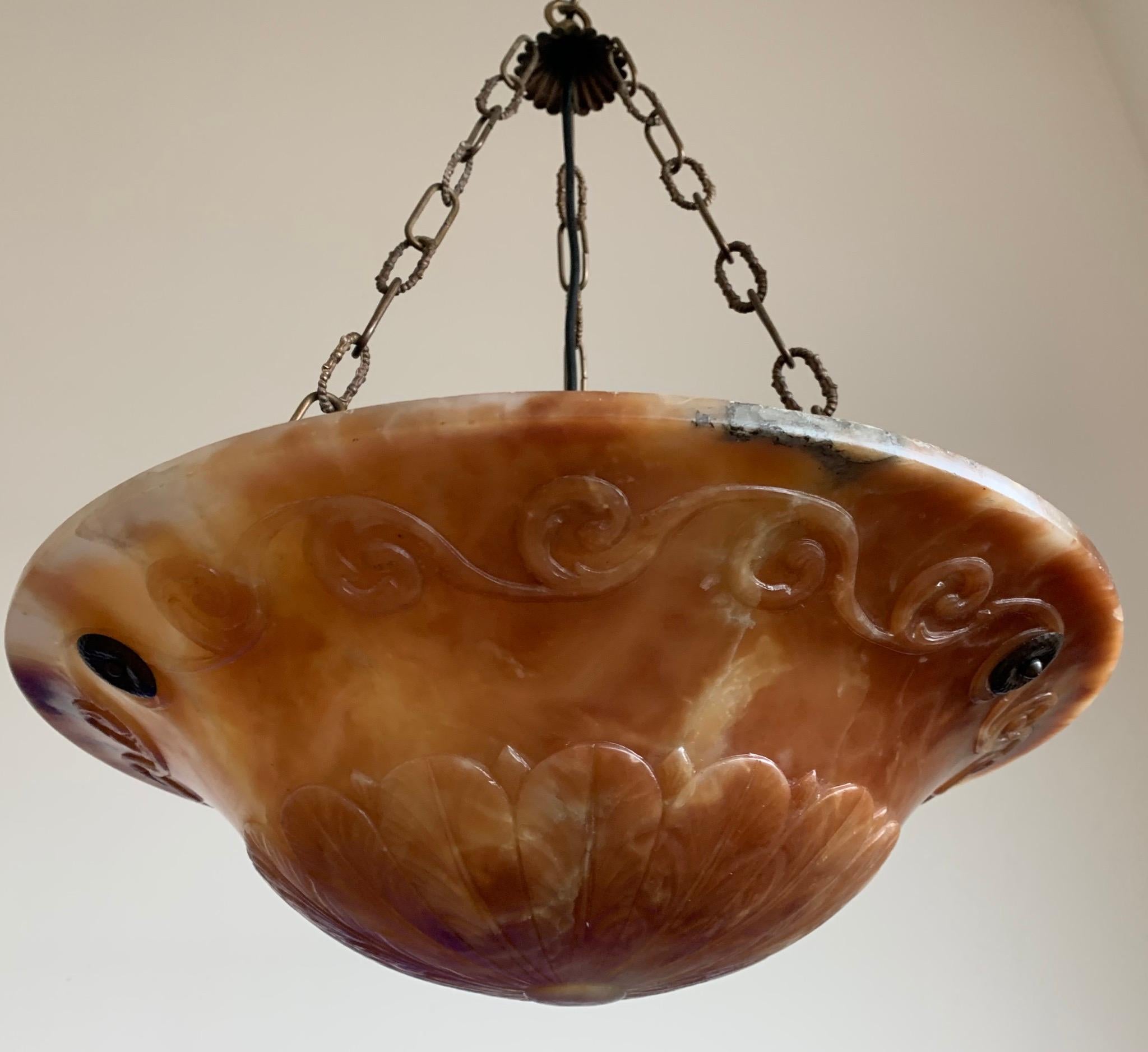 Great Alabaster Pendant with Stunning Hand-Carved Scrolling and Lava Like Colors For Sale 11