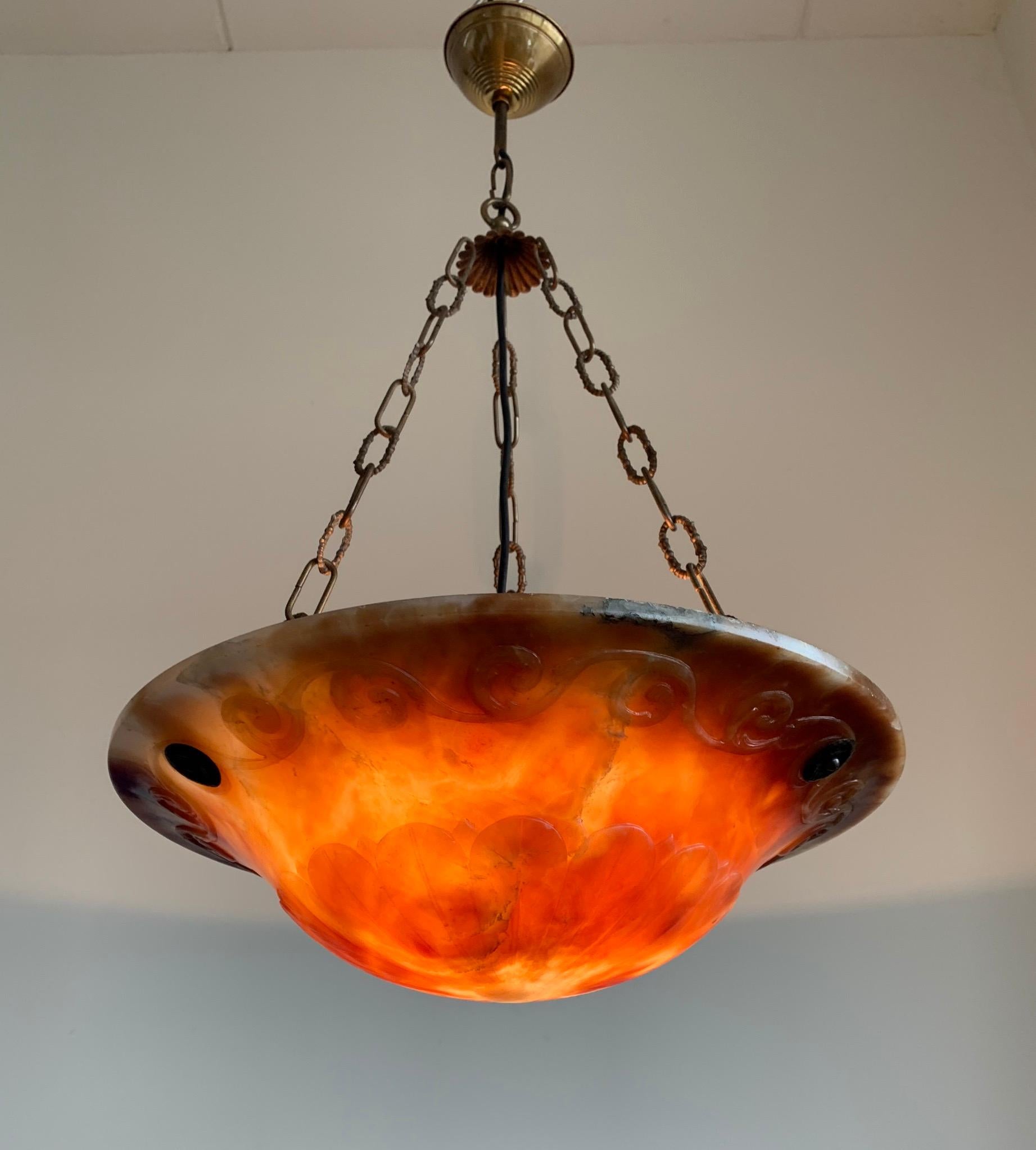 Great Alabaster Pendant with Stunning Hand-Carved Scrolling and Lava Like Colors For Sale 5
