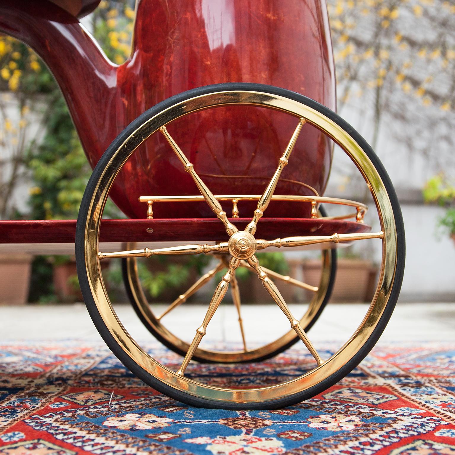 Brass Rare Aldo Tura Red Goatskin Pipe Bar Cart 1960s For Sale