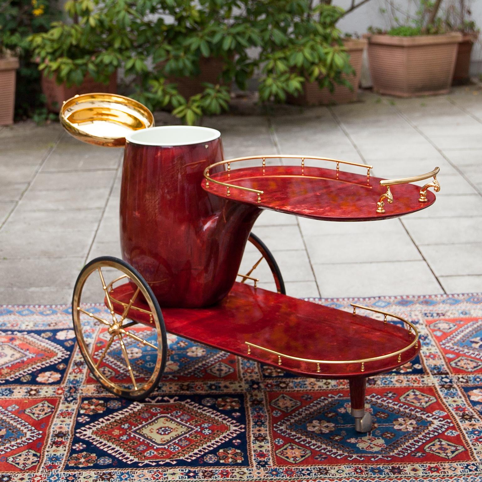 Hollywood Regency Rare Aldo Tura Red Goatskin Pipe Bar Cart 1960s For Sale