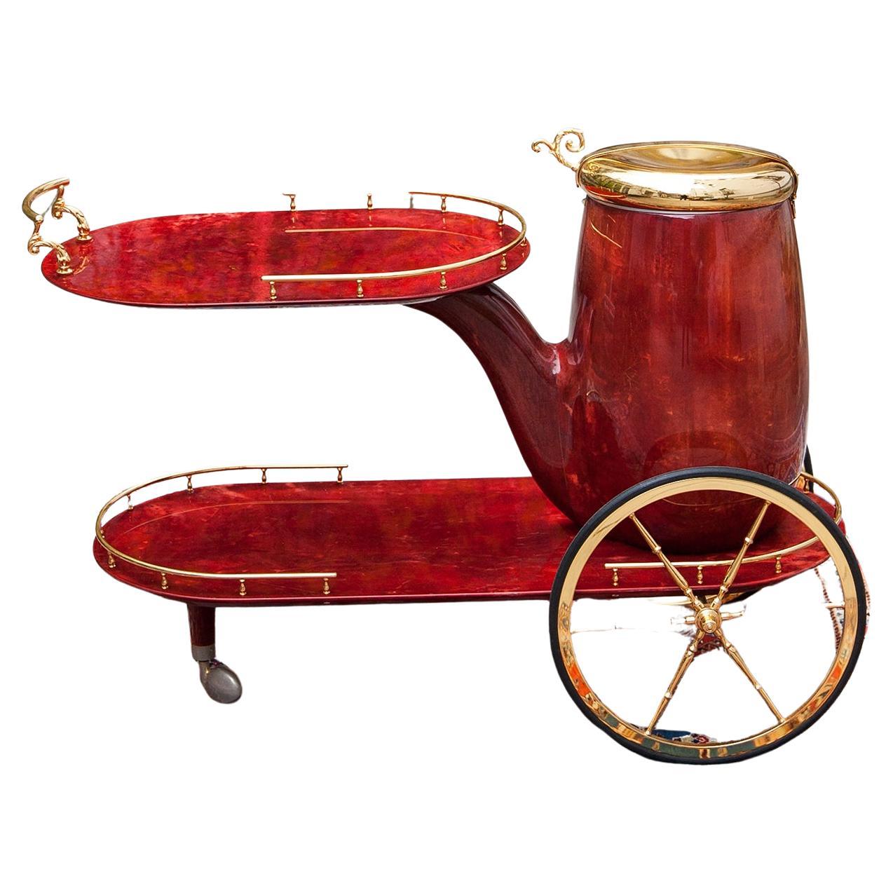 Rare chariot de bar en peau de chèvre rouge Aldo Tura, années 1960 en vente
