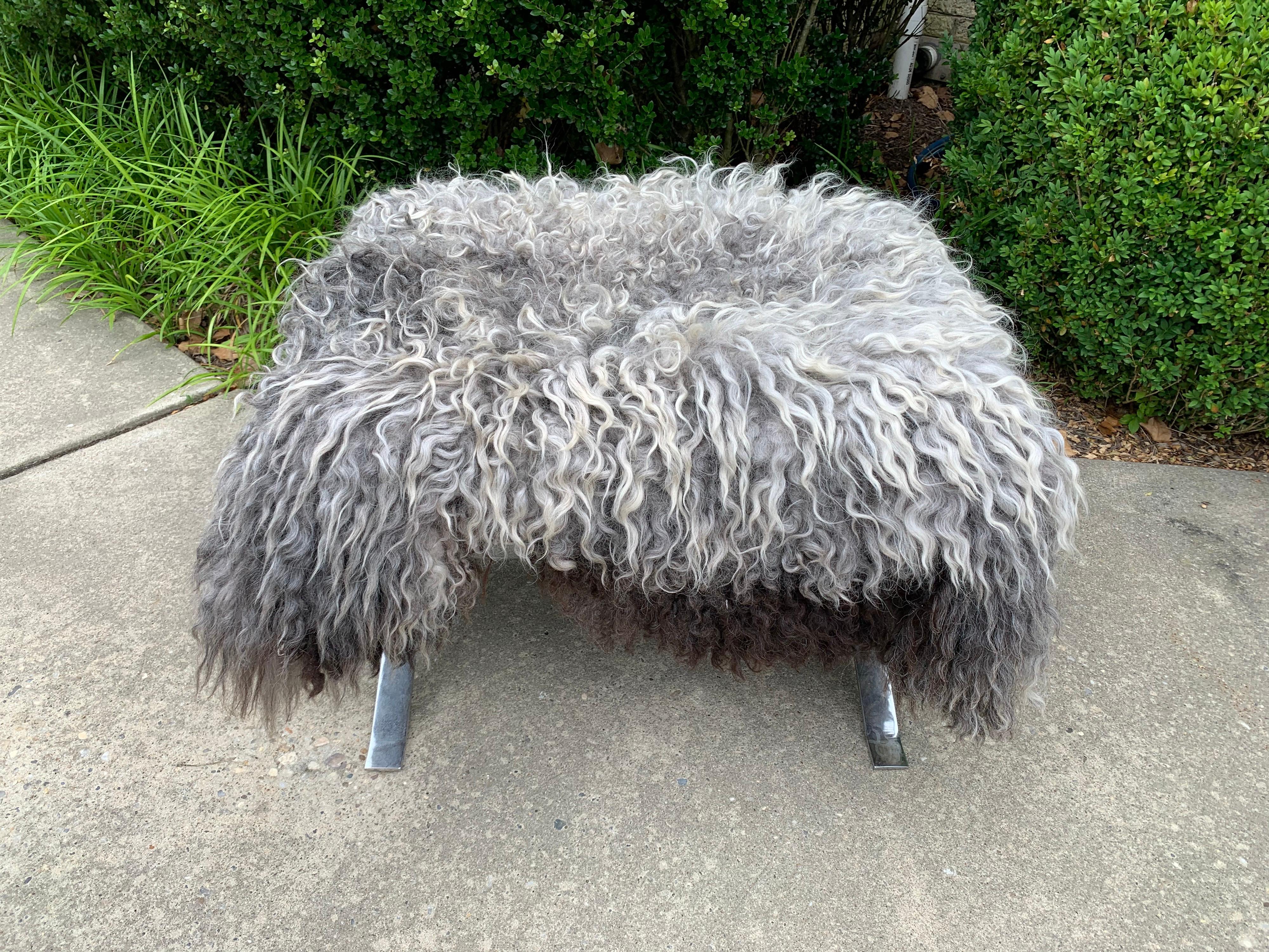 Mid-Century Modern Rare Alessandro Albrizzi Steel Bench with Mongolian Wool Top For Sale