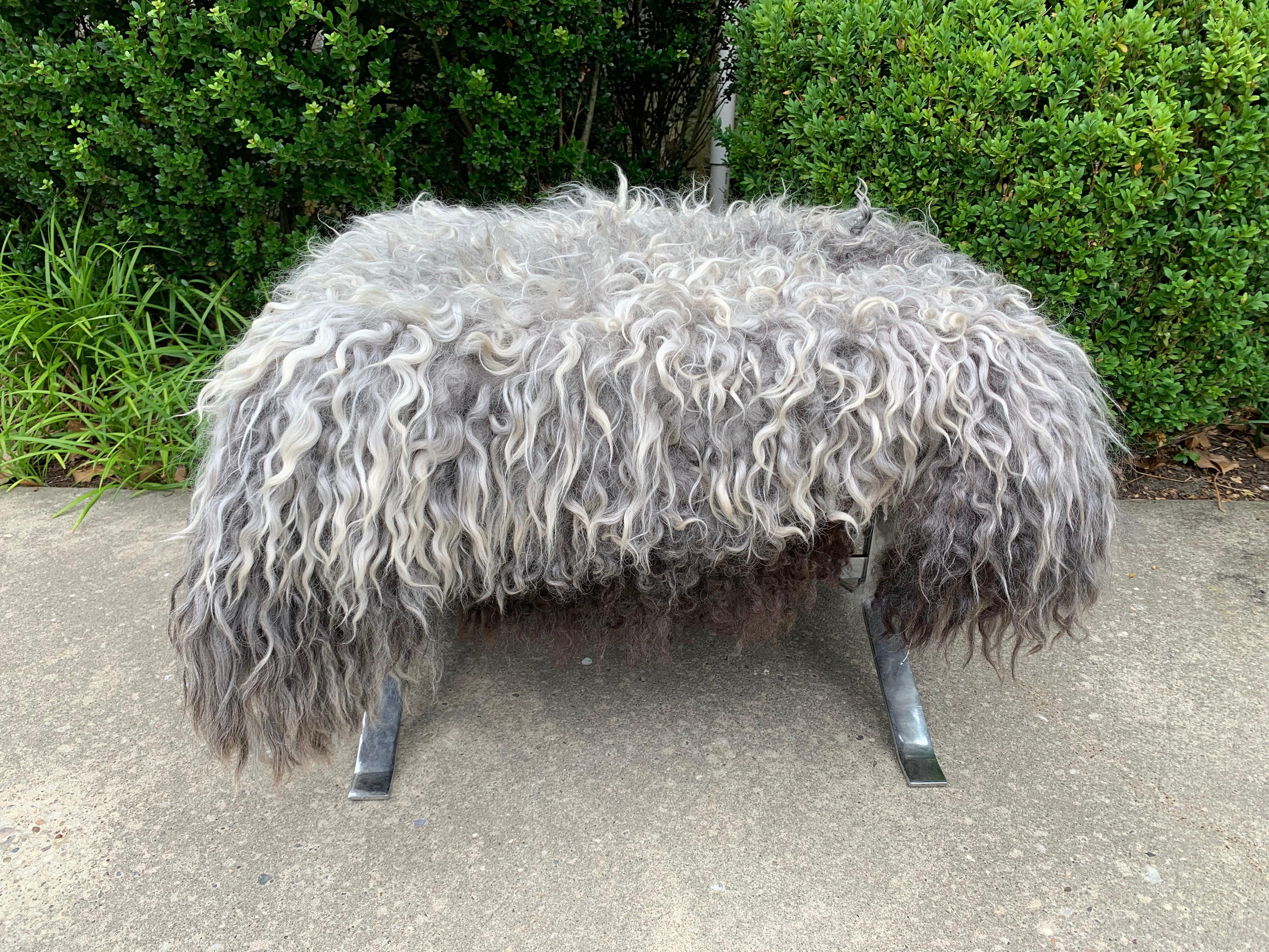 Late 20th Century Rare Alessandro Albrizzi Steel Bench with Mongolian Wool Top For Sale