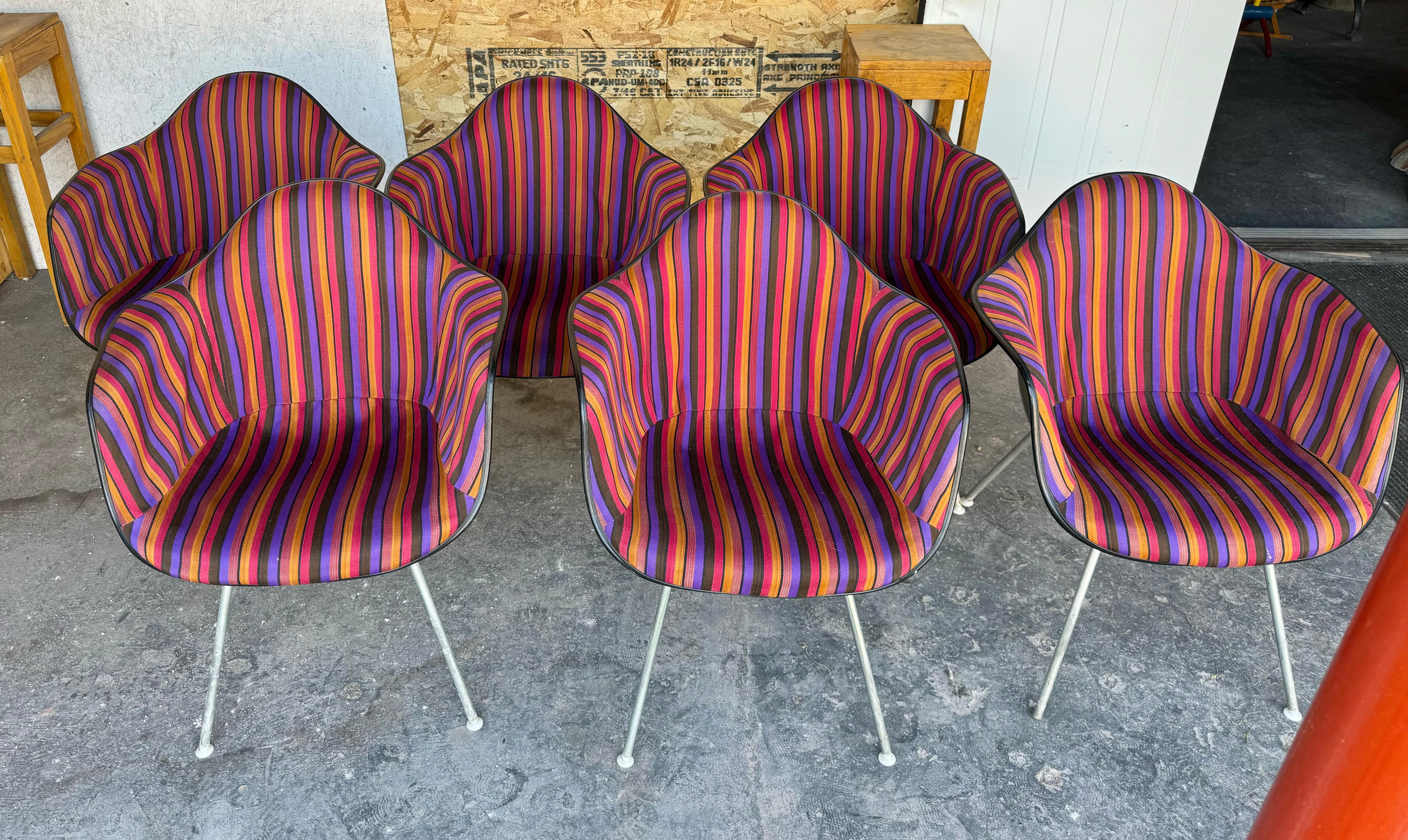 Extremely rare Alexander Girard Jacobs Coat Eames fiberglass arm shell chair by Herman Miller.  There are 6 available,, ***PRICE PER CHAIR , Good original condition,, fabric no longer affixed (glued) to chair,, does not effect look, design or