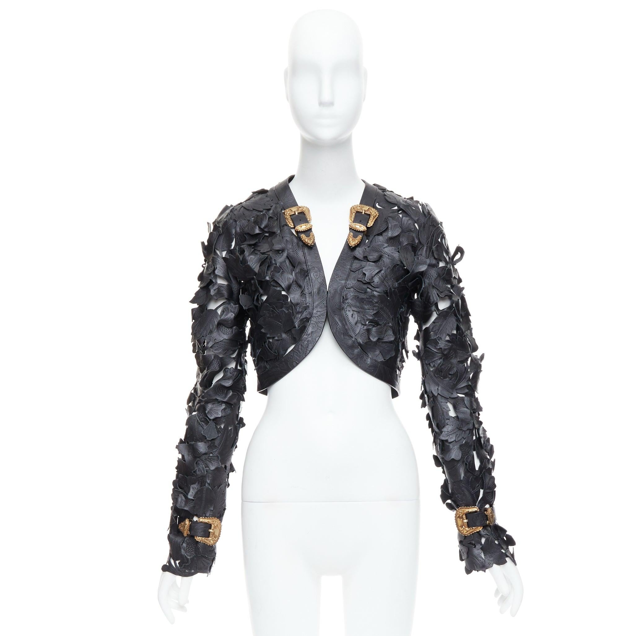 rare ALEXANDER MCQUEEN 2011 Runway floral laser cut cropped leather jacket IT40 For Sale 9