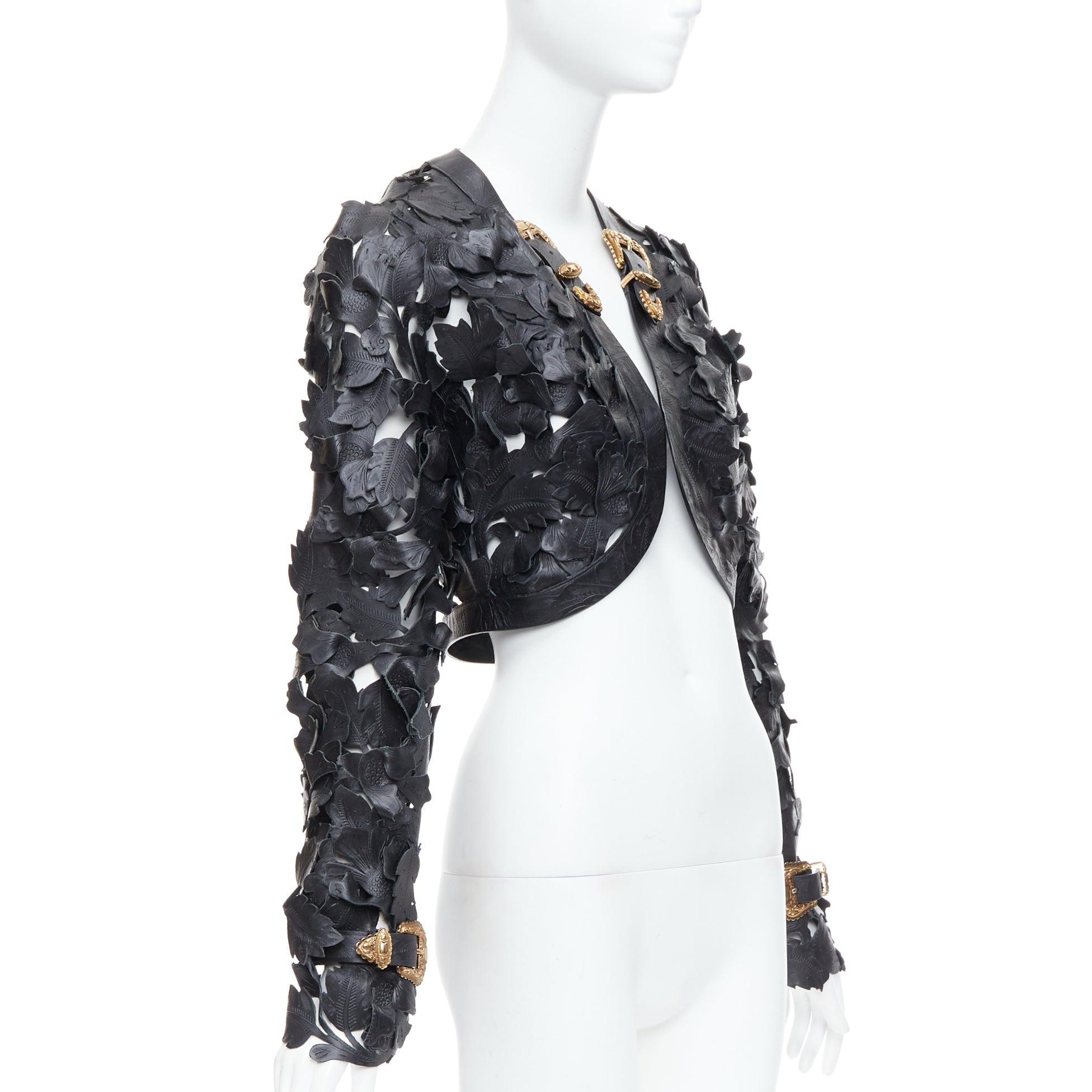 Black rare ALEXANDER MCQUEEN 2011 Runway floral laser cut cropped leather jacket IT40 For Sale