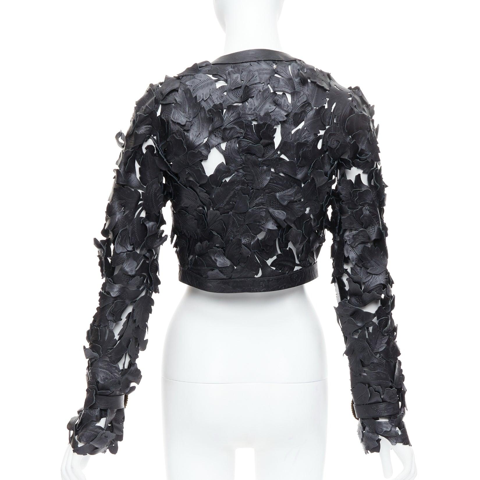 Women's rare ALEXANDER MCQUEEN 2011 Runway floral laser cut cropped leather jacket IT40 For Sale