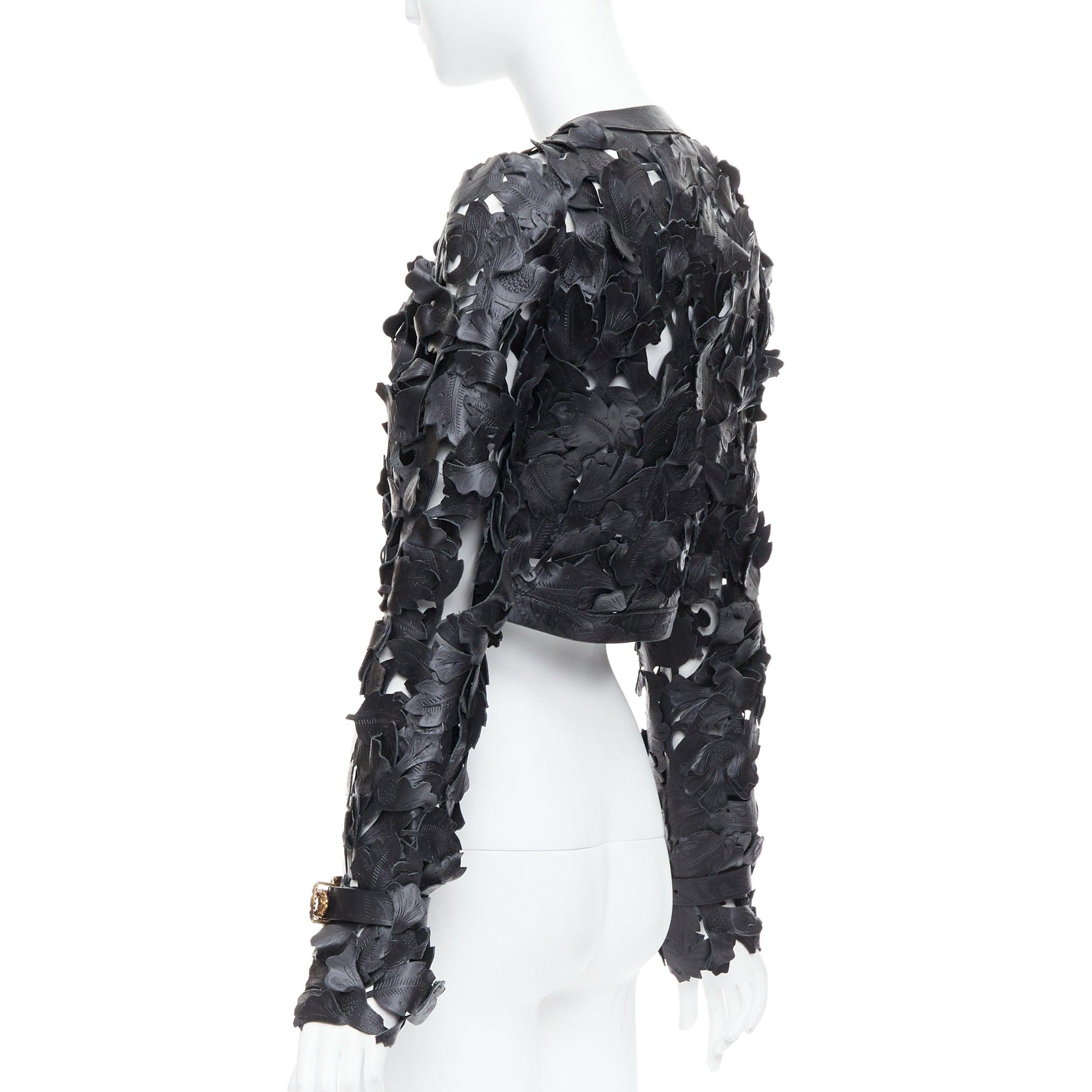 rare ALEXANDER MCQUEEN 2011 Runway floral laser cut cropped leather jacket IT40 For Sale 1