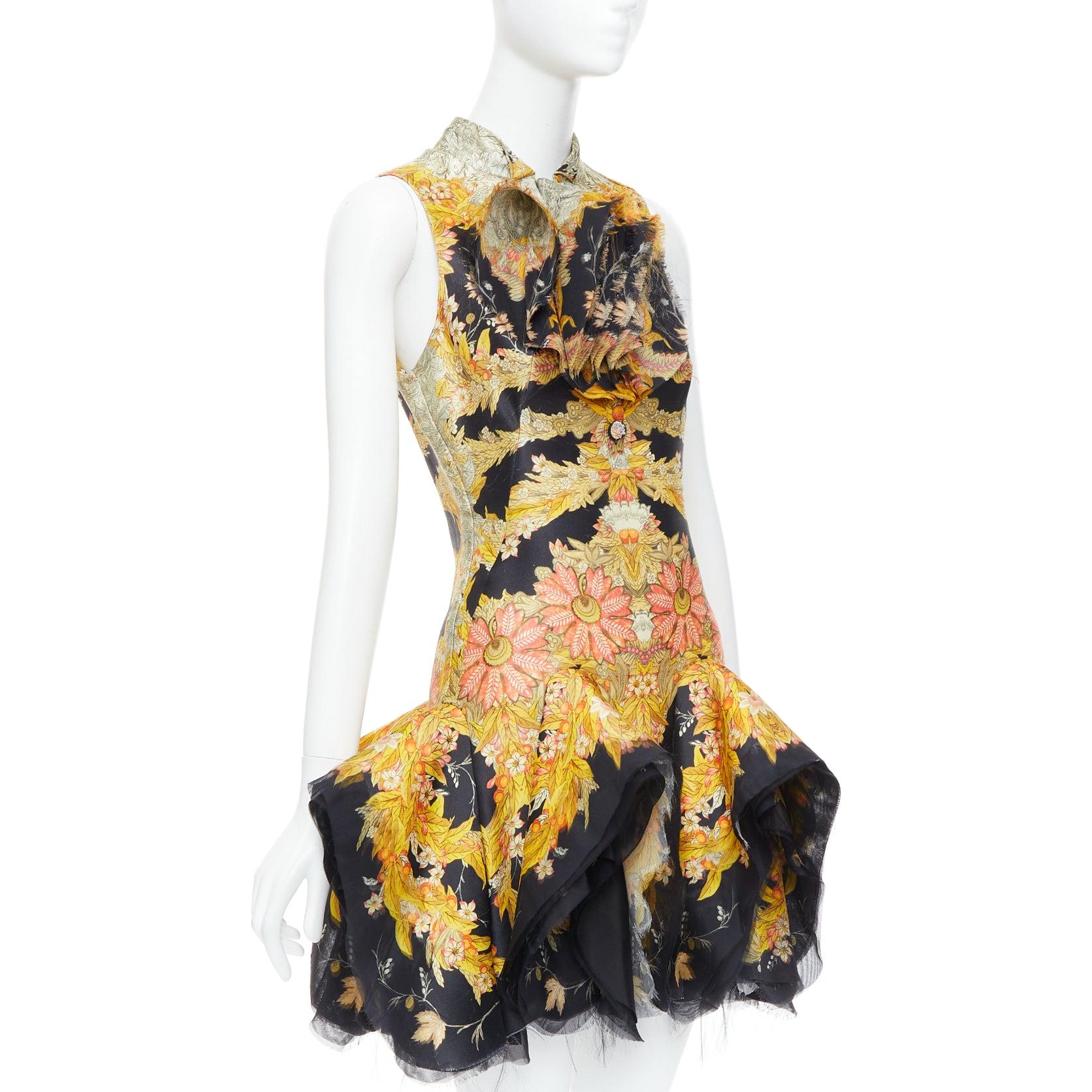 Beige rare ALEXANDER MCQUEEN 2011 Runway Skeleton Foliage floral raw ruffle dress IT40 For Sale