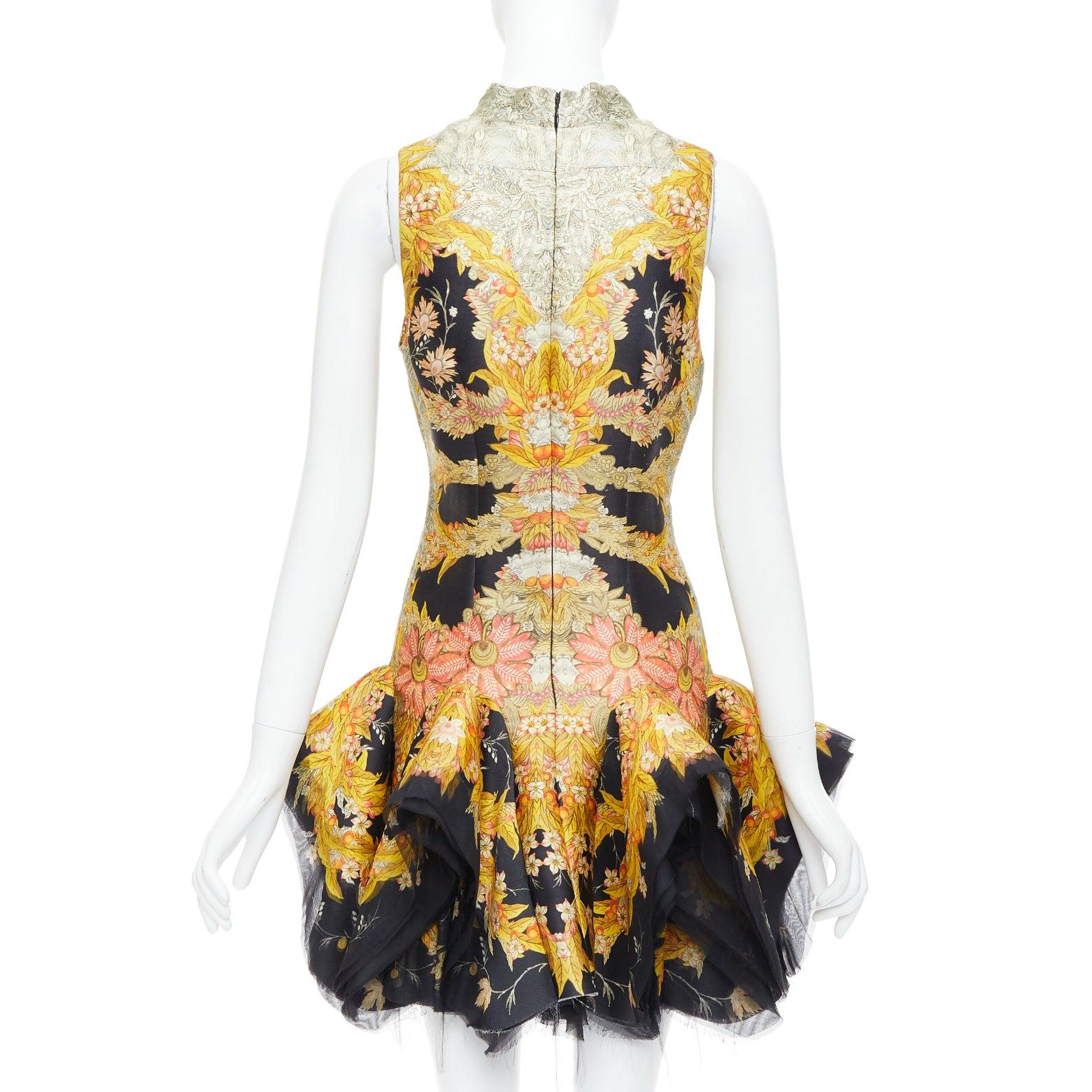 Women's rare ALEXANDER MCQUEEN 2011 Runway Skeleton Foliage floral raw ruffle dress IT40 For Sale