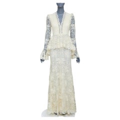 rare ALEXANDER MCQUEEN 2019 Bridal ivory floral lace peplum maxi gown IT40 S