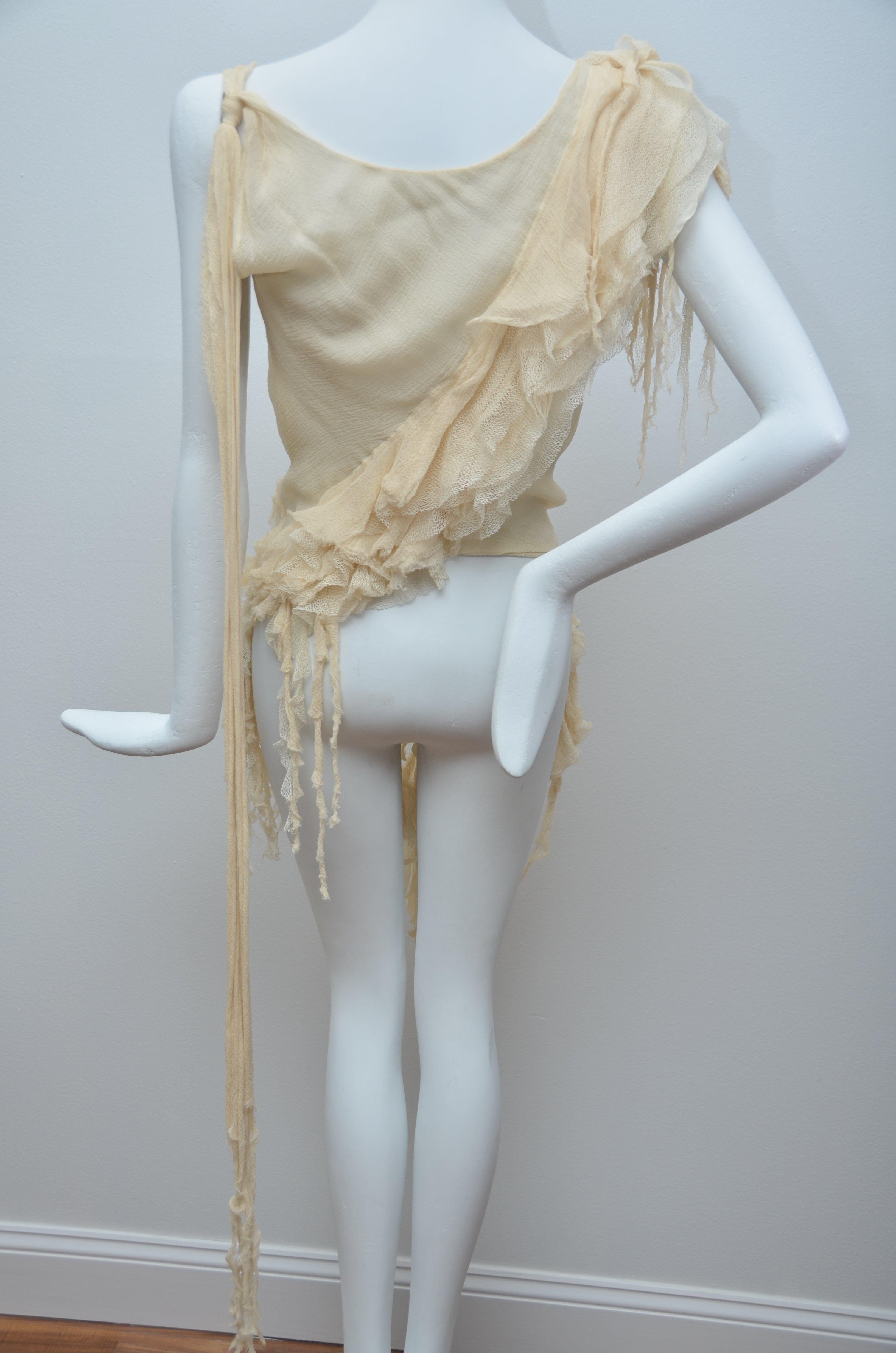 Rare Alexander Mcqueen SS02/03  Oyster Beige Raw Distress Ruffle Drape Top IT40  In Excellent Condition In New York, NY