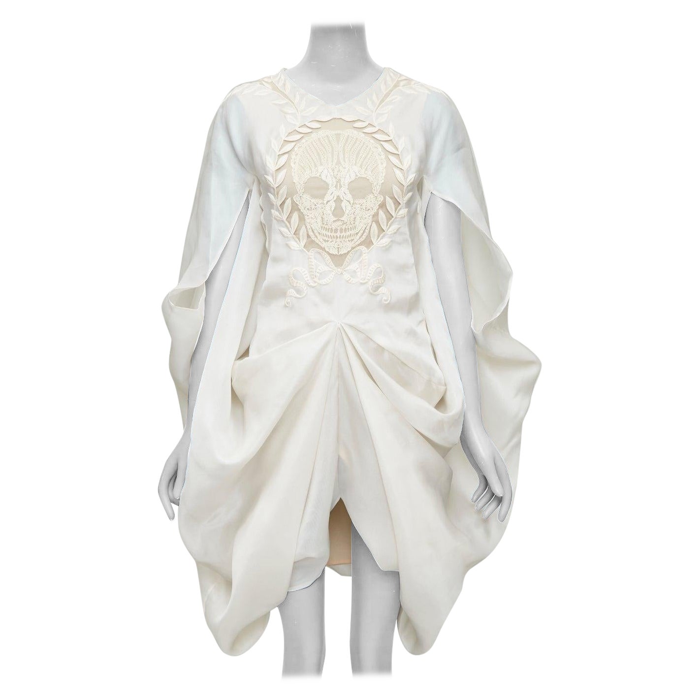 rare ALEXANDER MCQUEEN Vintage 2009 Runway cream silk skull drape dress IT38 XS For Sale