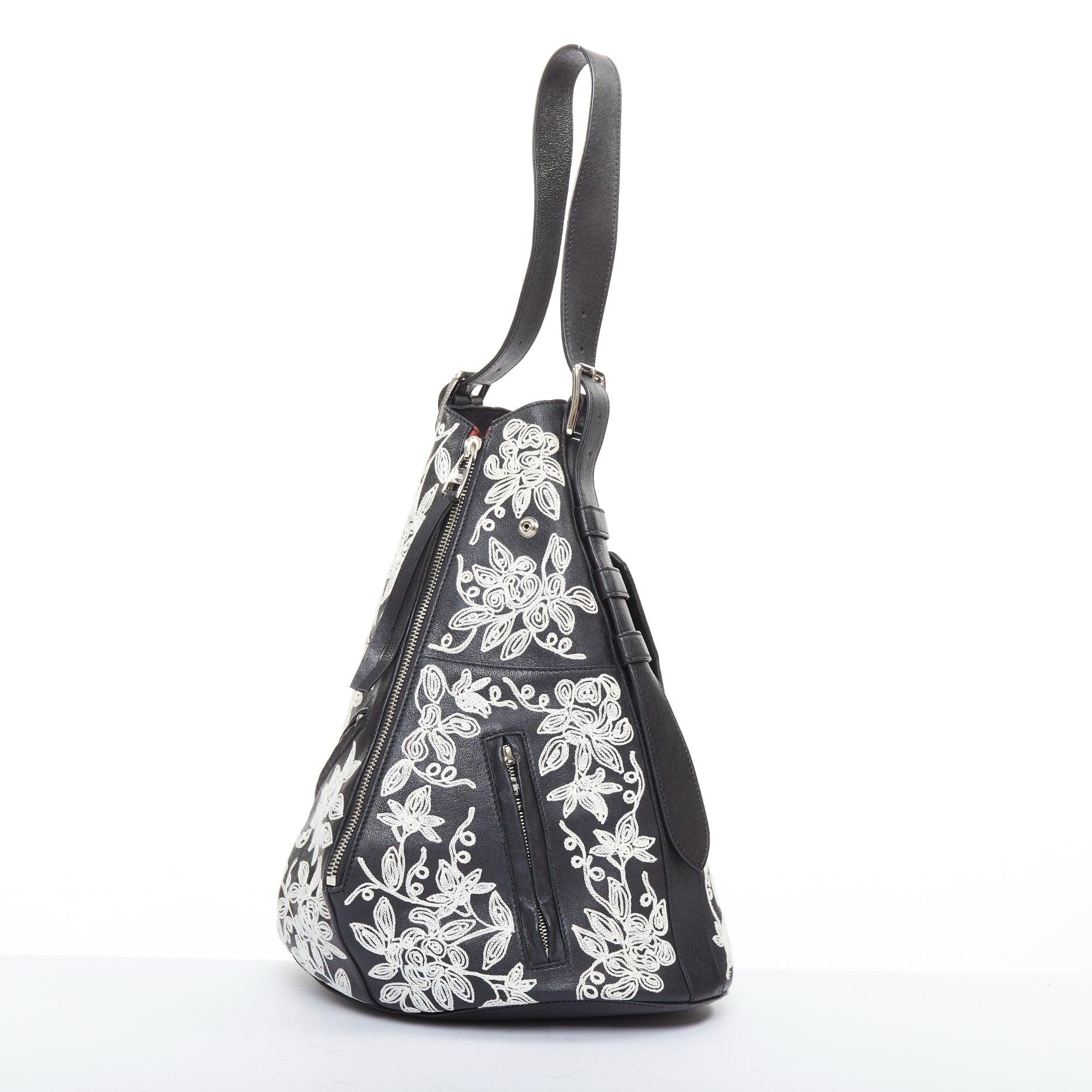 Black rare ALEXANDER MCQUEEN white floral embroidered red plaid biker zip hobo bag For Sale
