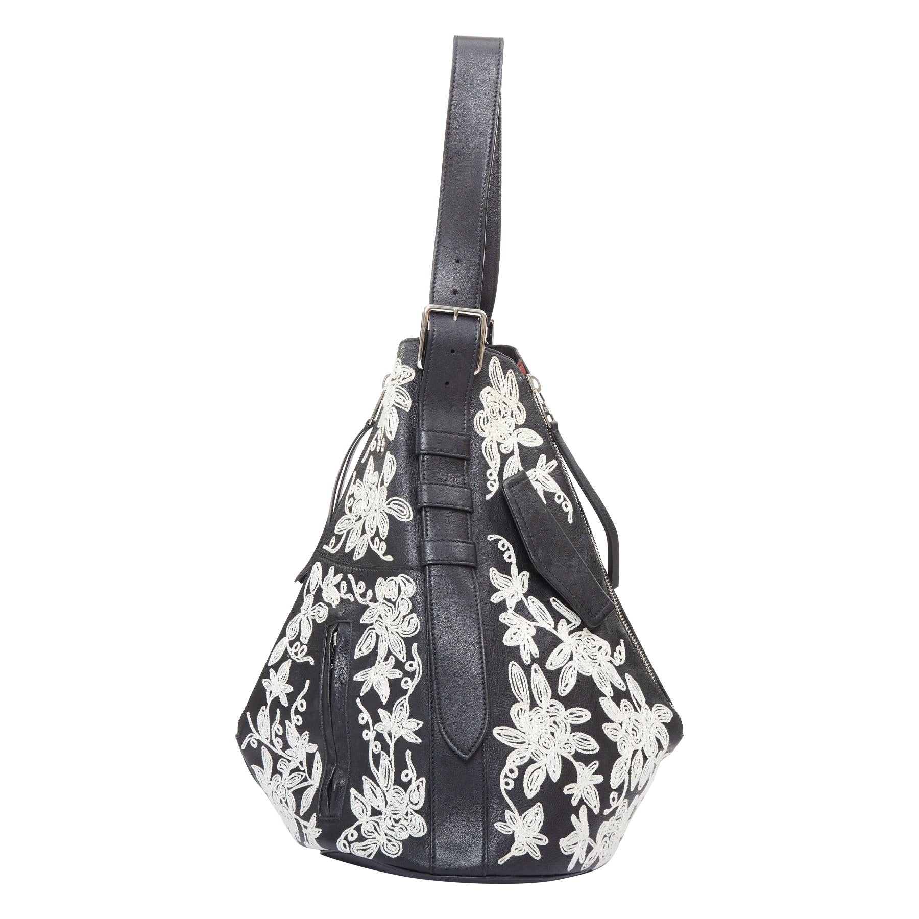 rare ALEXANDER MCQUEEN white floral embroidered red plaid biker zip hobo bag For Sale