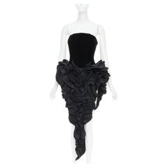 rare ALEXANDRE VAUTHIER COUTURE black velvet taffeta ruffle slit bodysuit dress