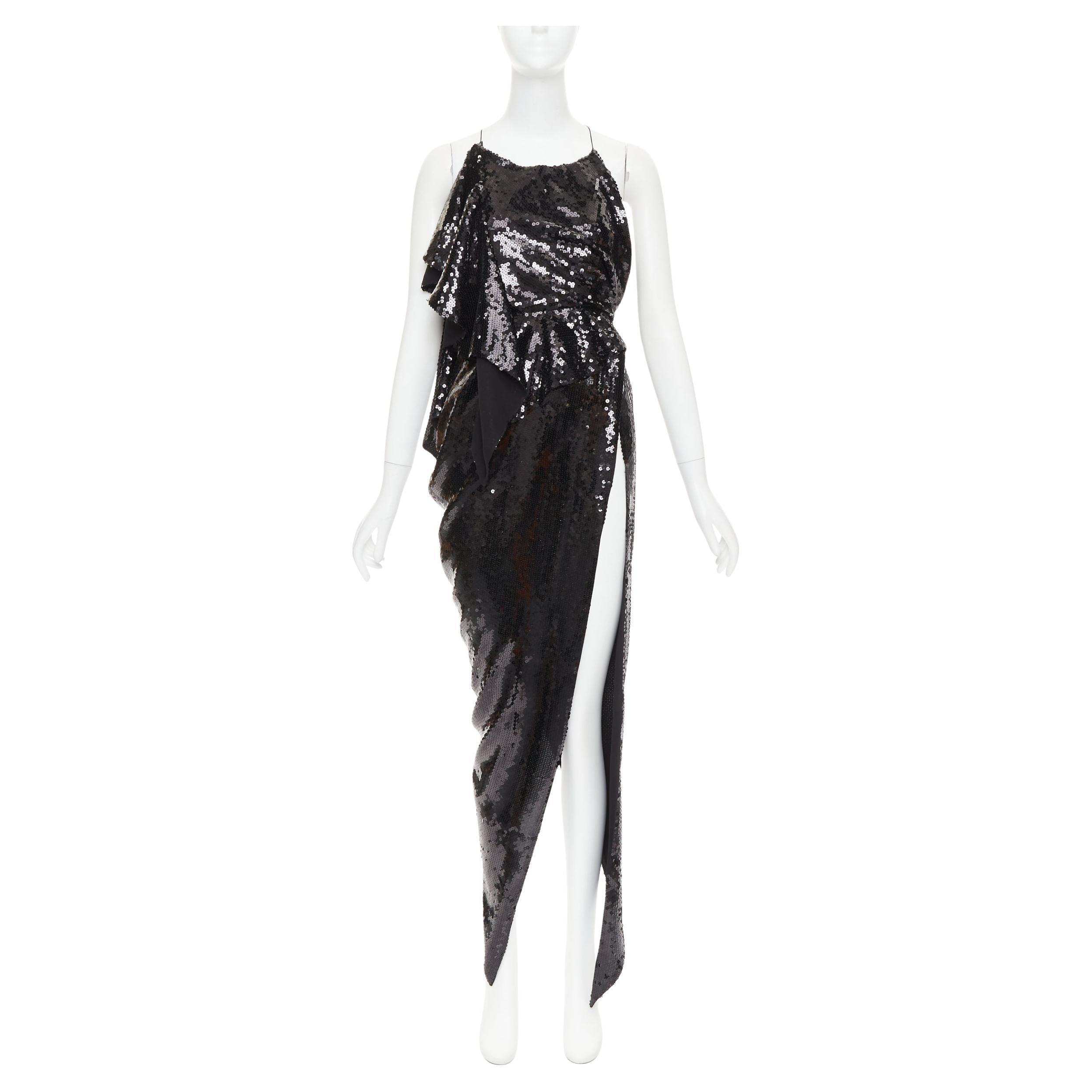 rare ALEXANDRE VAUTHIER COUTURE SS2022 Runway noir paillettes drapé robe haute fendue