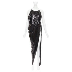rare ALEXANDRE VAUTHIER COUTURE SS2022 Runway black sequin drape high slit dress