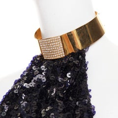 rare ALEXANDRE VAUTHIER navy sequinned gold crystal pave collar high slit gown