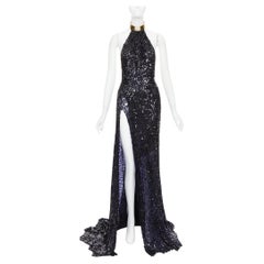 rare ALEXANDRE VAUTHIER navy sequinned gold crystal pave collar high slit gown