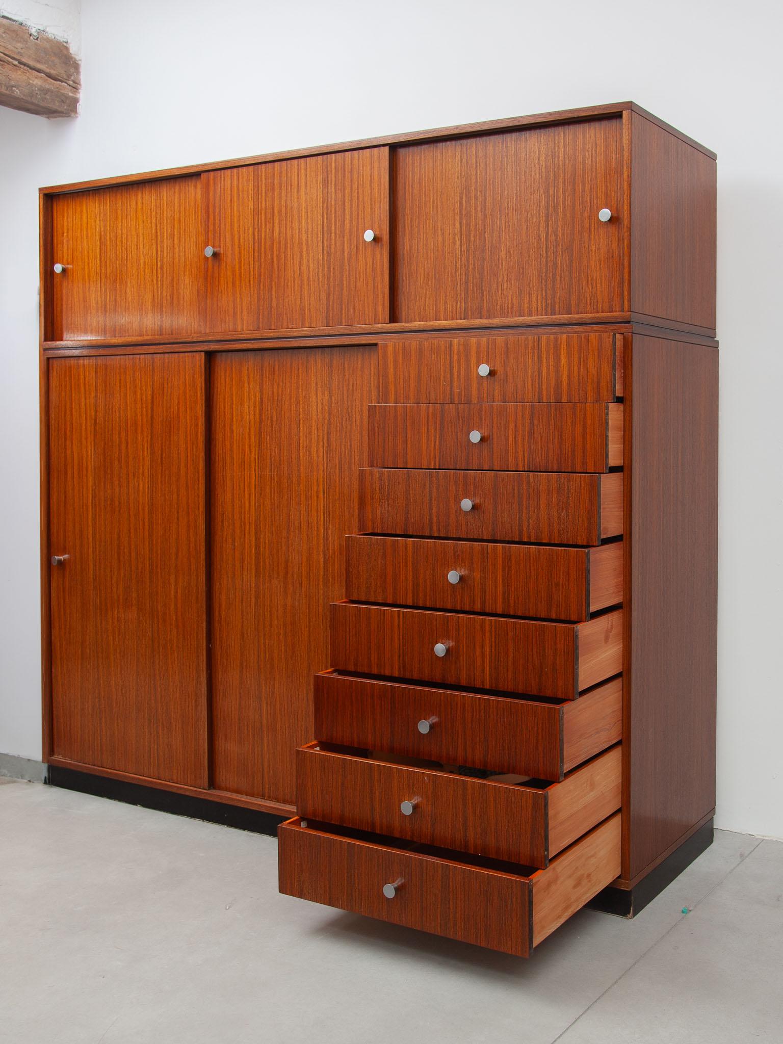 Nutwood Rare Alfred Hendrickx Wardrobe with Eight Drawers 1960, Belform, Belgium  For Sale