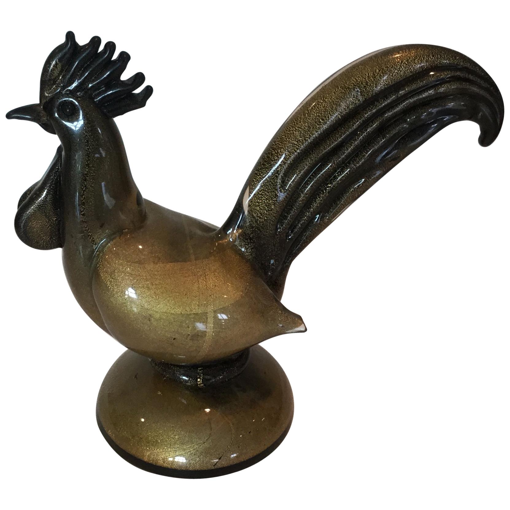 Rare Alfredo Barbini Murano Rooster in Black with Gold Highlights For Sale
